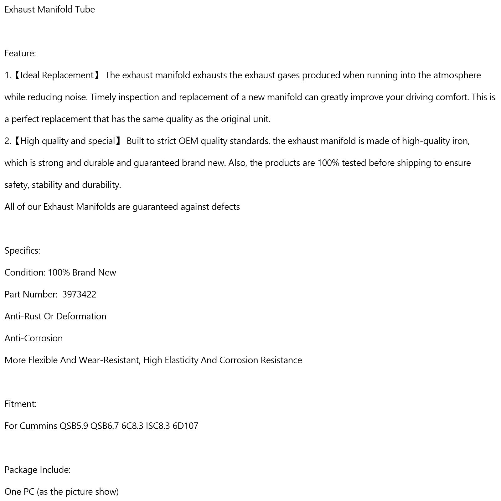 3973422 Exhaust Manifold Tube For Cummins QSB5.9 QSB6.7 6C8.3 ISC8.3 6D107