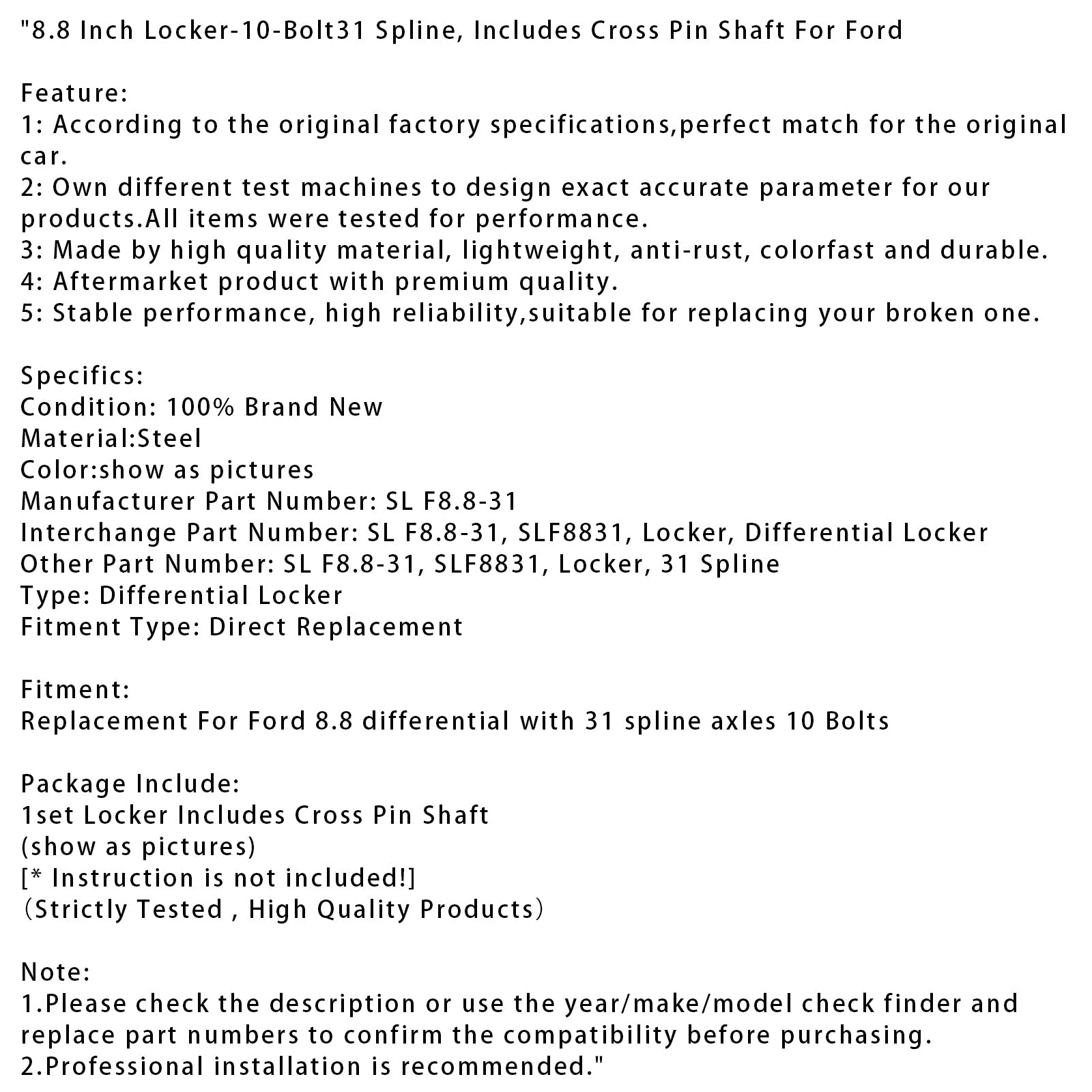 8.8 Inch Locker-10-Bolt31 Spline, Includes Cross Pin Shaft For Ford