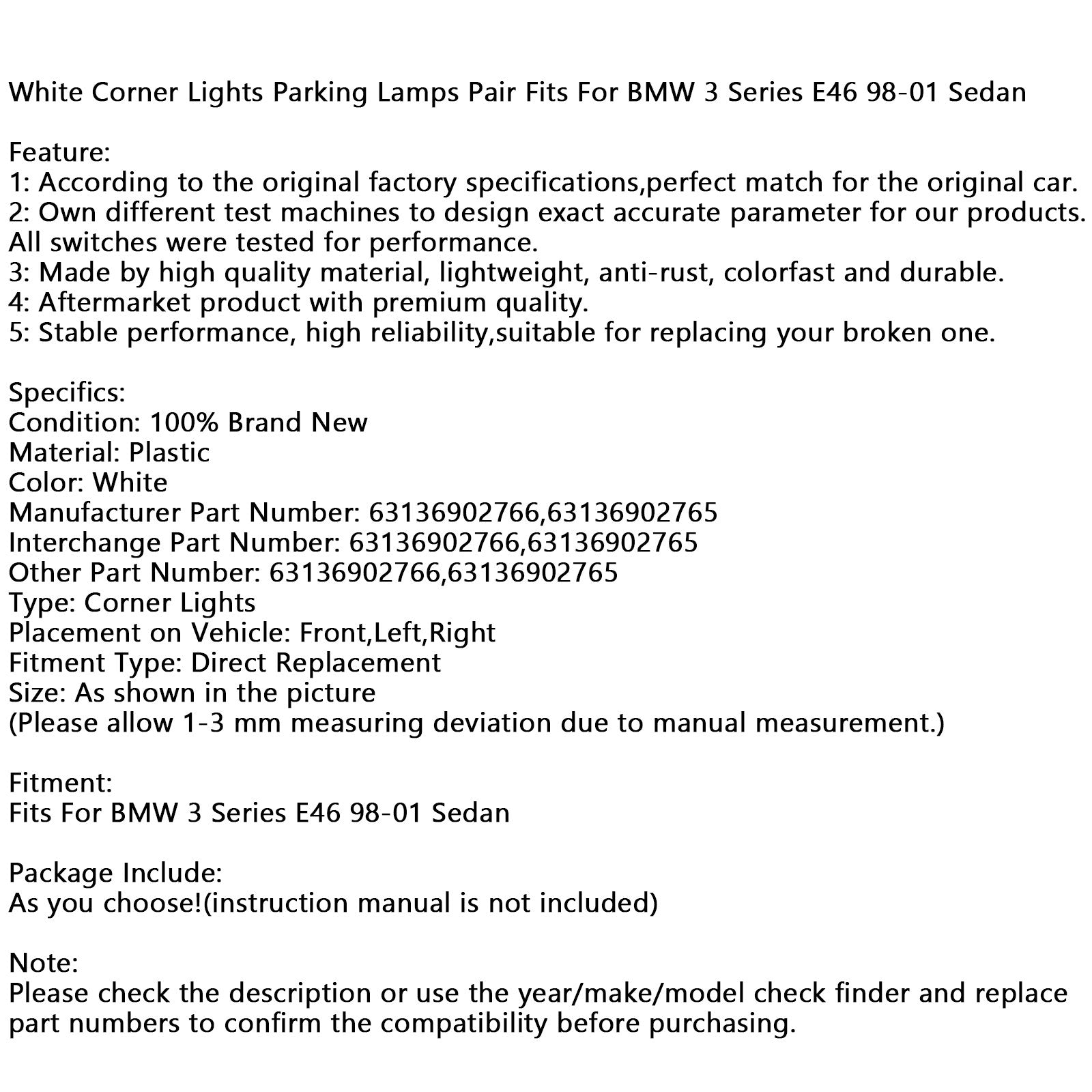 1998-2001 BMW 3 Series E46 Sedan Pair White Corner Side Light 63136902766