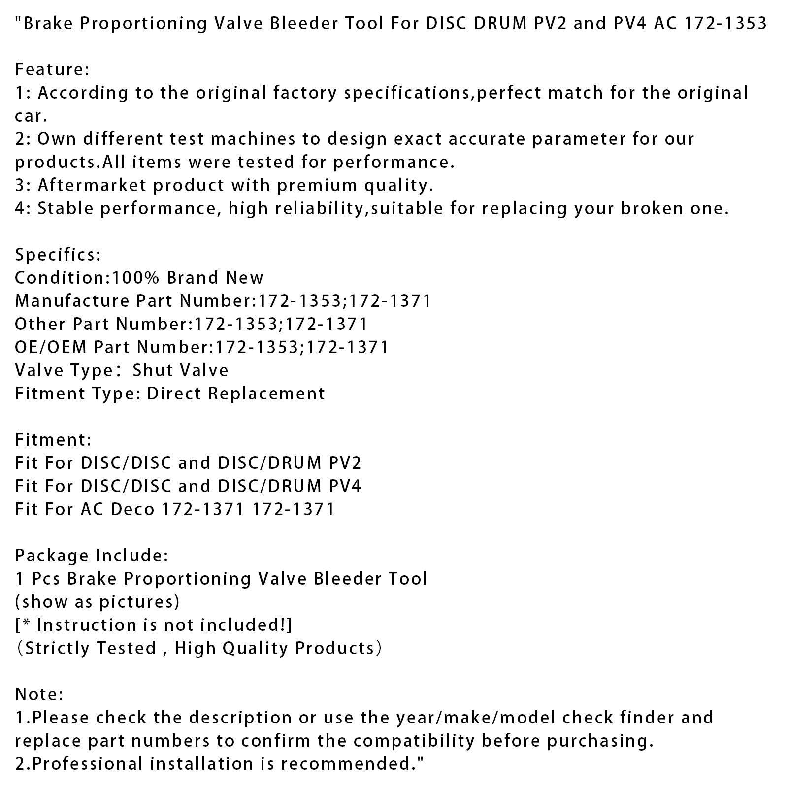 Brake Proportioning Valve Bleeder Tool For DISC DRUM PV2 and PV4 AC 172-1353
