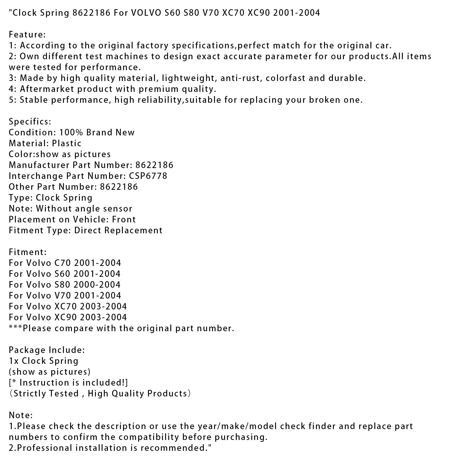 2001-2004 Volvo V70 Clock Spring 8622186 CSP6778