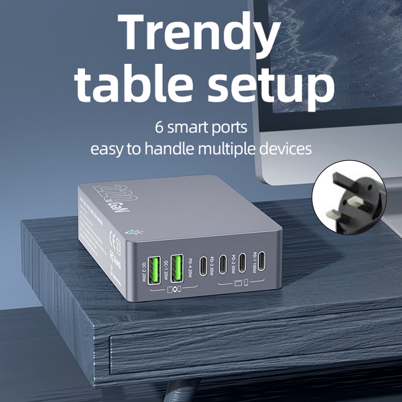 F8A Charging Station USB 6-Port Fast Charger PD100W Charging Stand Smart Charger