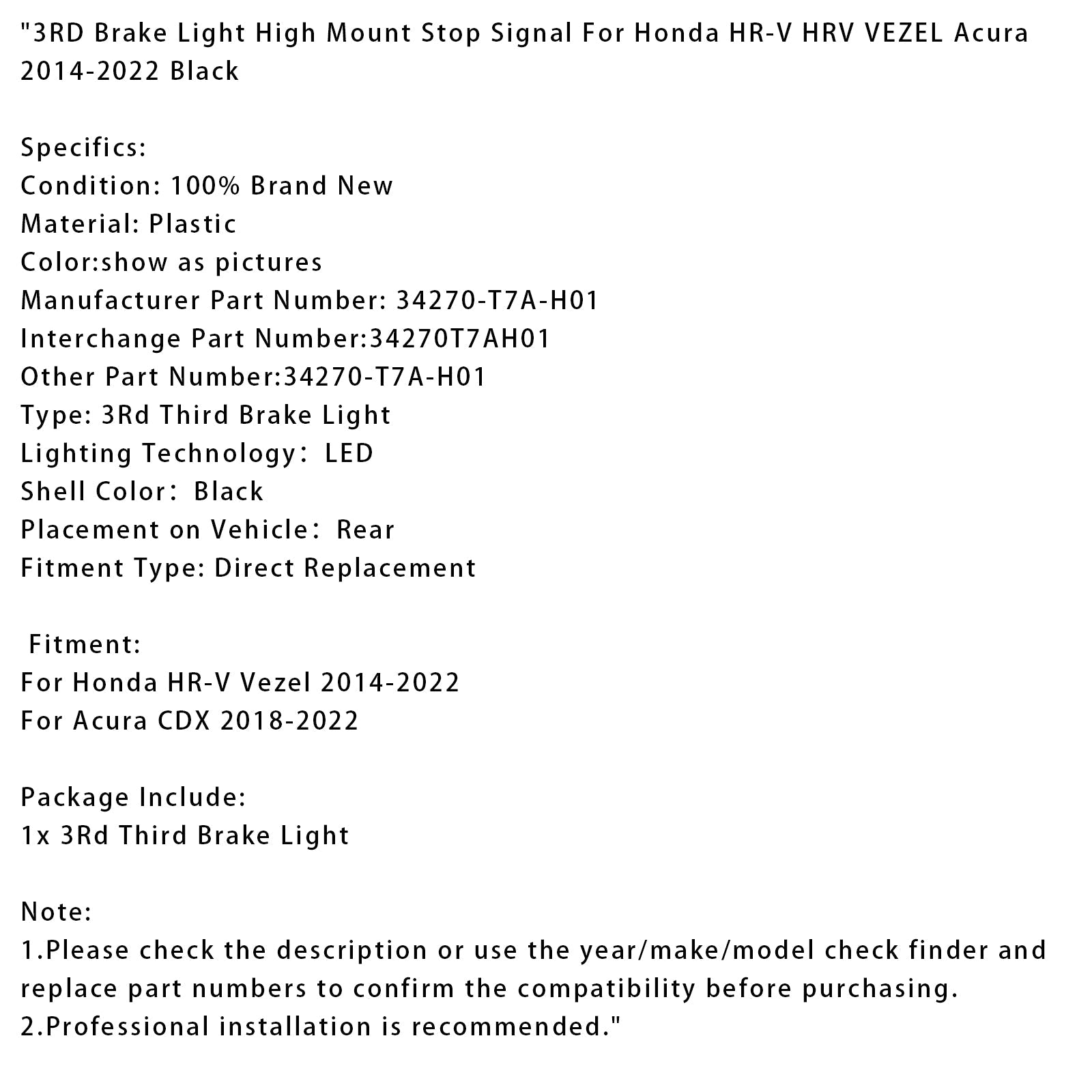 3RD Brake Light High Mount Stop Signal For Honda HR-V HRV VEZEL Acura 2014-2022