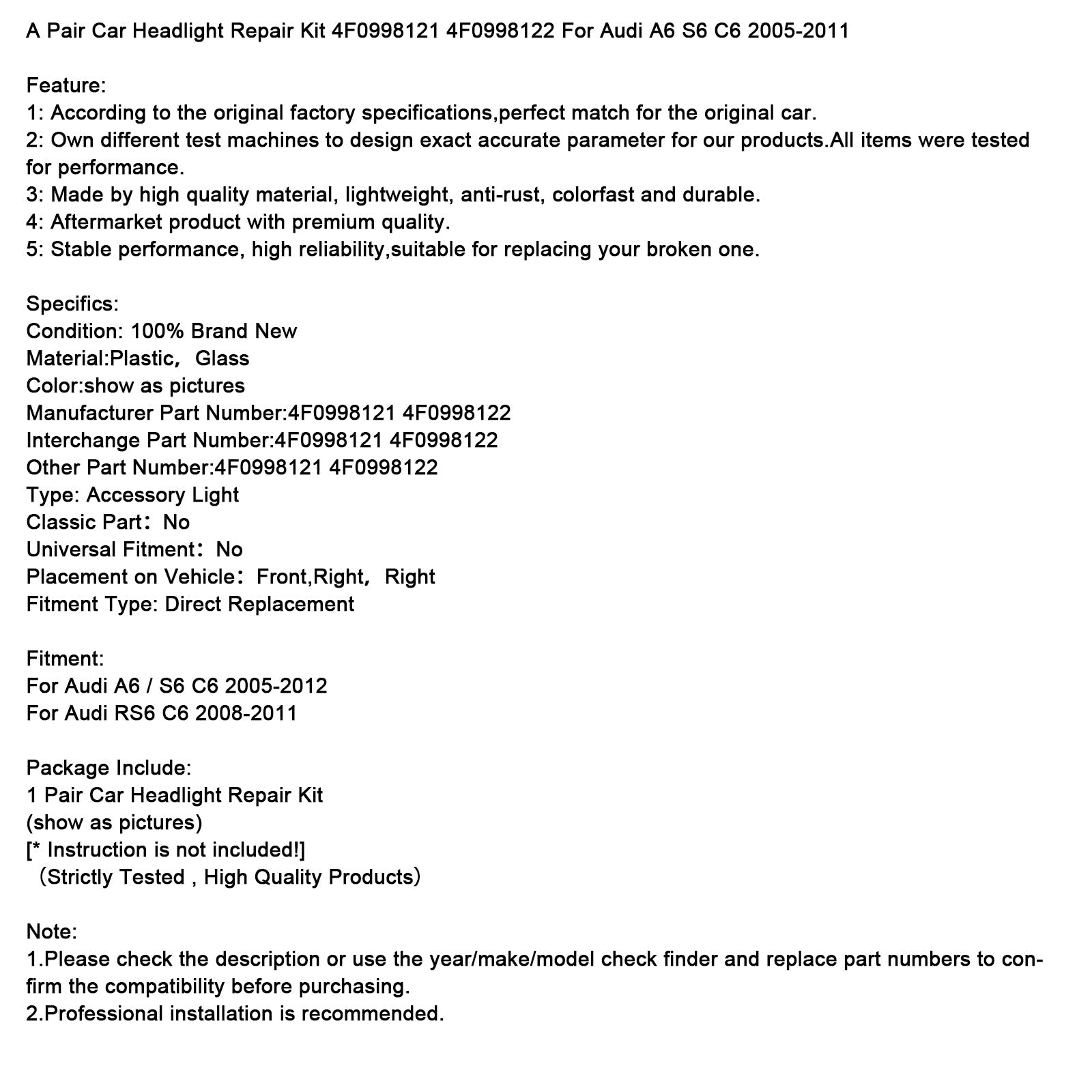 A Pair Car Headlight Repair Kit 4F0998121 4F0998122 For Audi A6 S6 C6 05-11