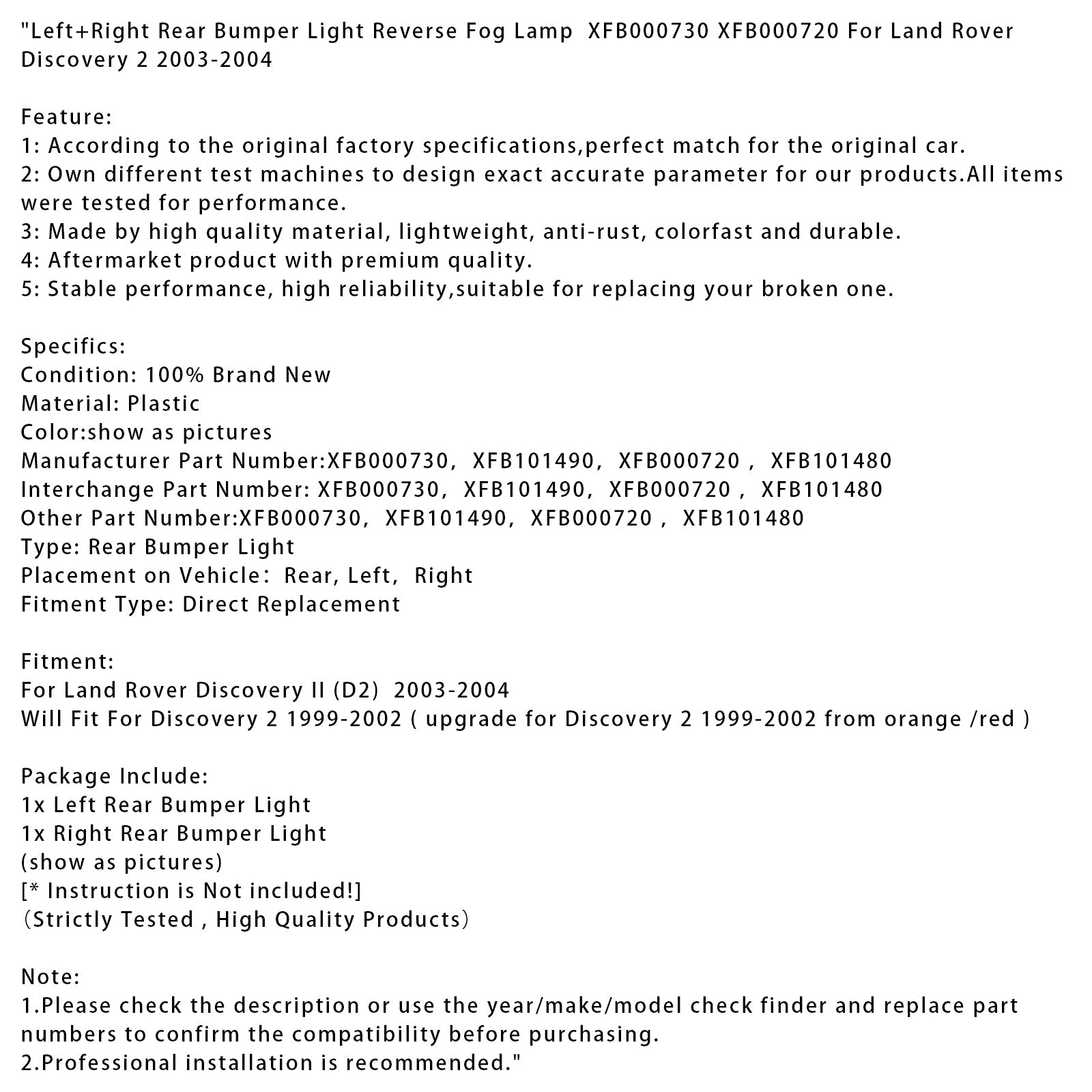 2003-2004 Land Rover Discovery 2 Left+Right Rear Bumper Light Reverse Fog Lamp