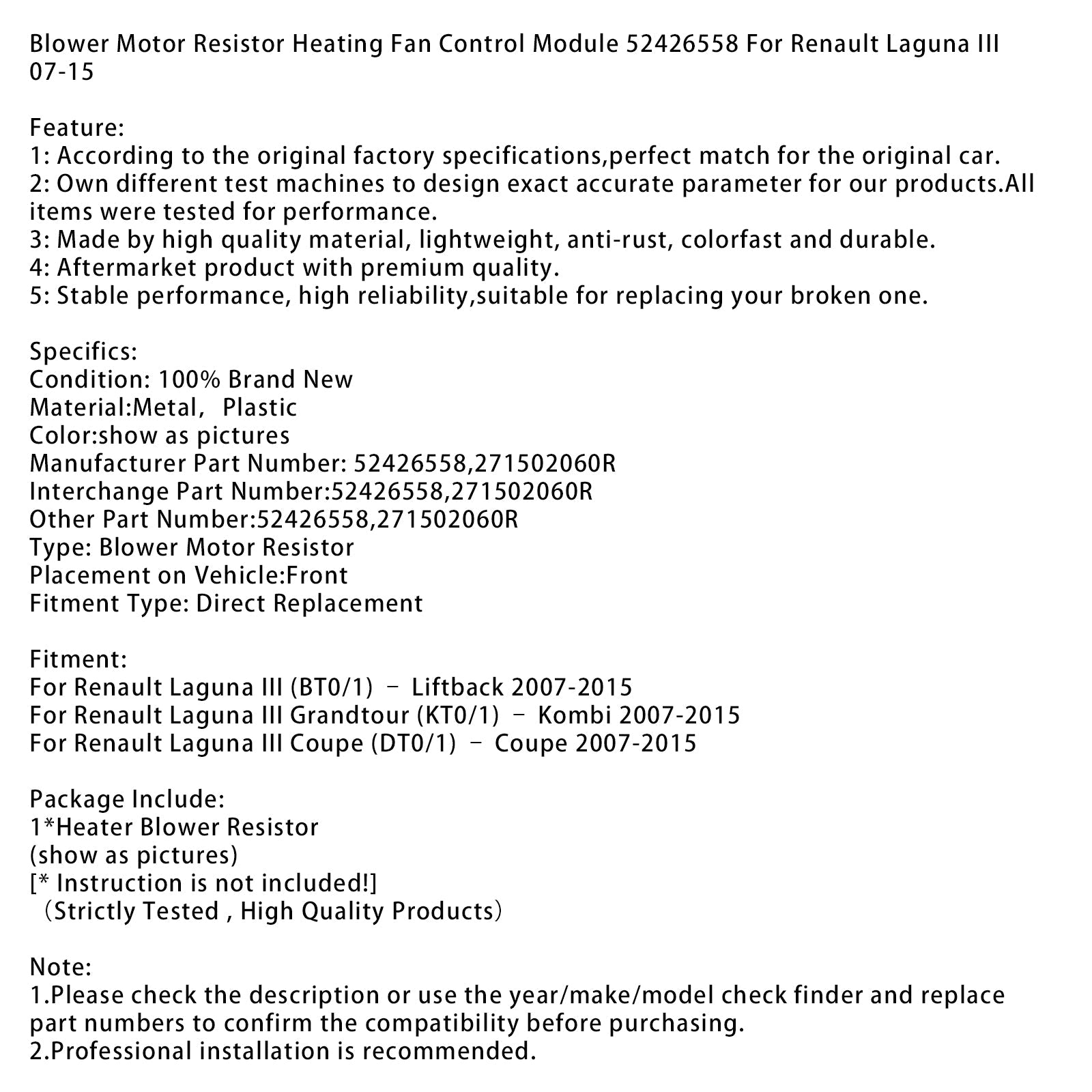 Blower Motor Resistor Heating Fan Control Module 52426558 For Renault 07-15