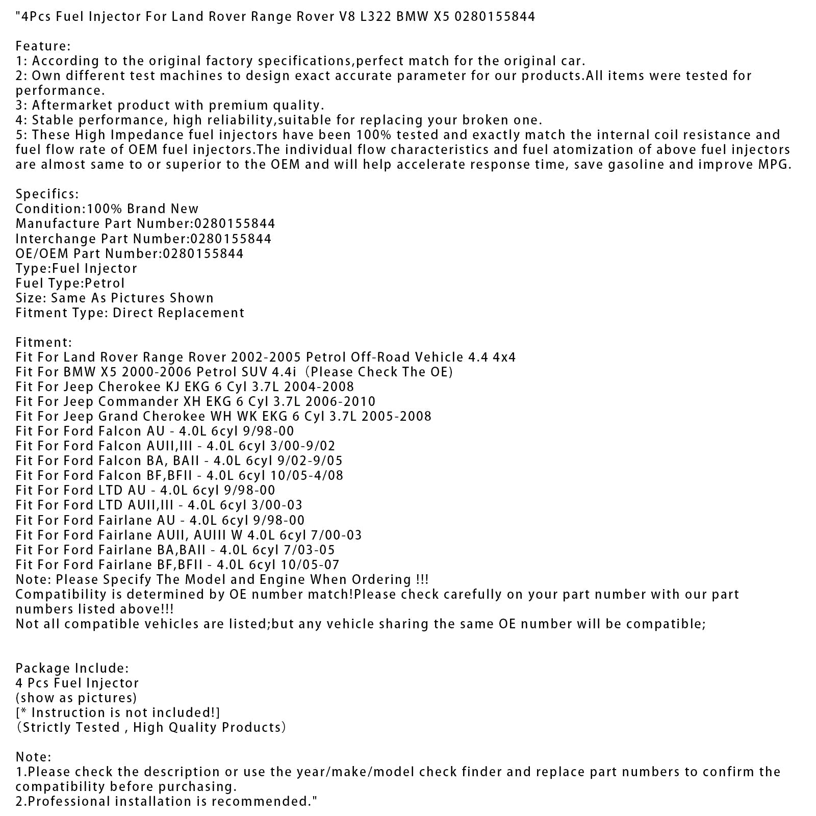 4Pcs Fuel Injector For Land Rover Range Rover V8 L322 BMW X5 0280155844