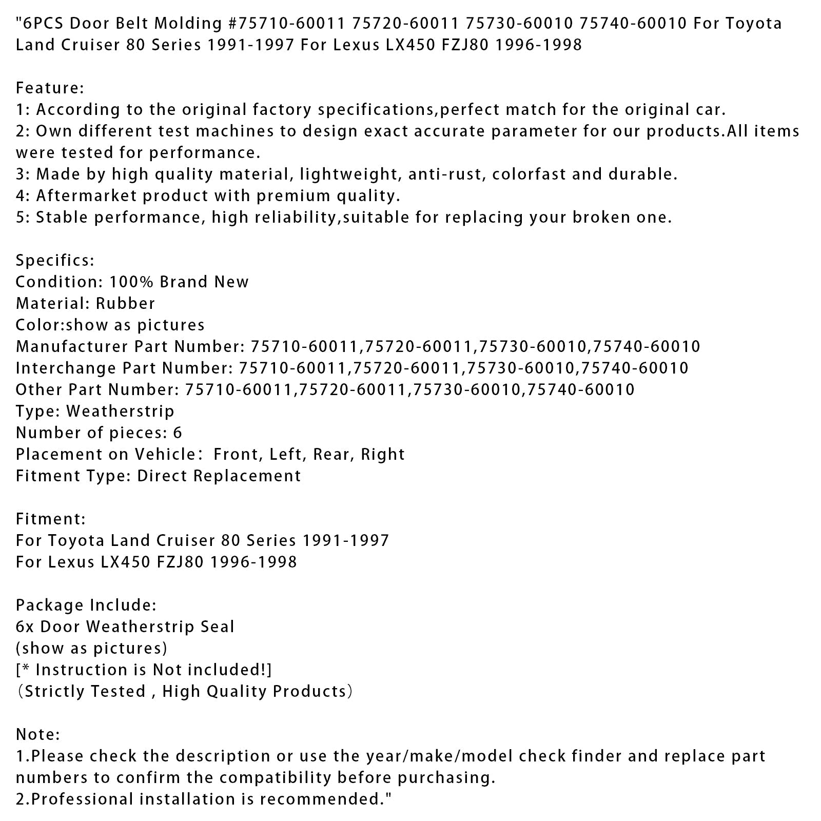 6PCS Door Belt Molding Fit For Toyota Land Cruiser 80 Series 1991-1997