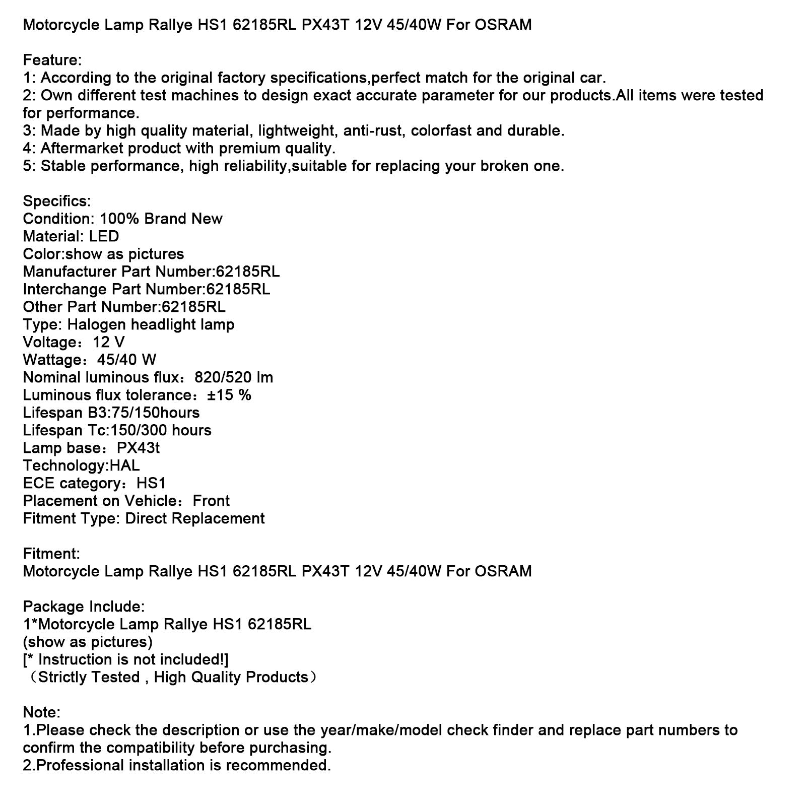 Motorcycle Lamp Rallye HS1 62185RL PX43T 12V 45/40W For OSRAM
