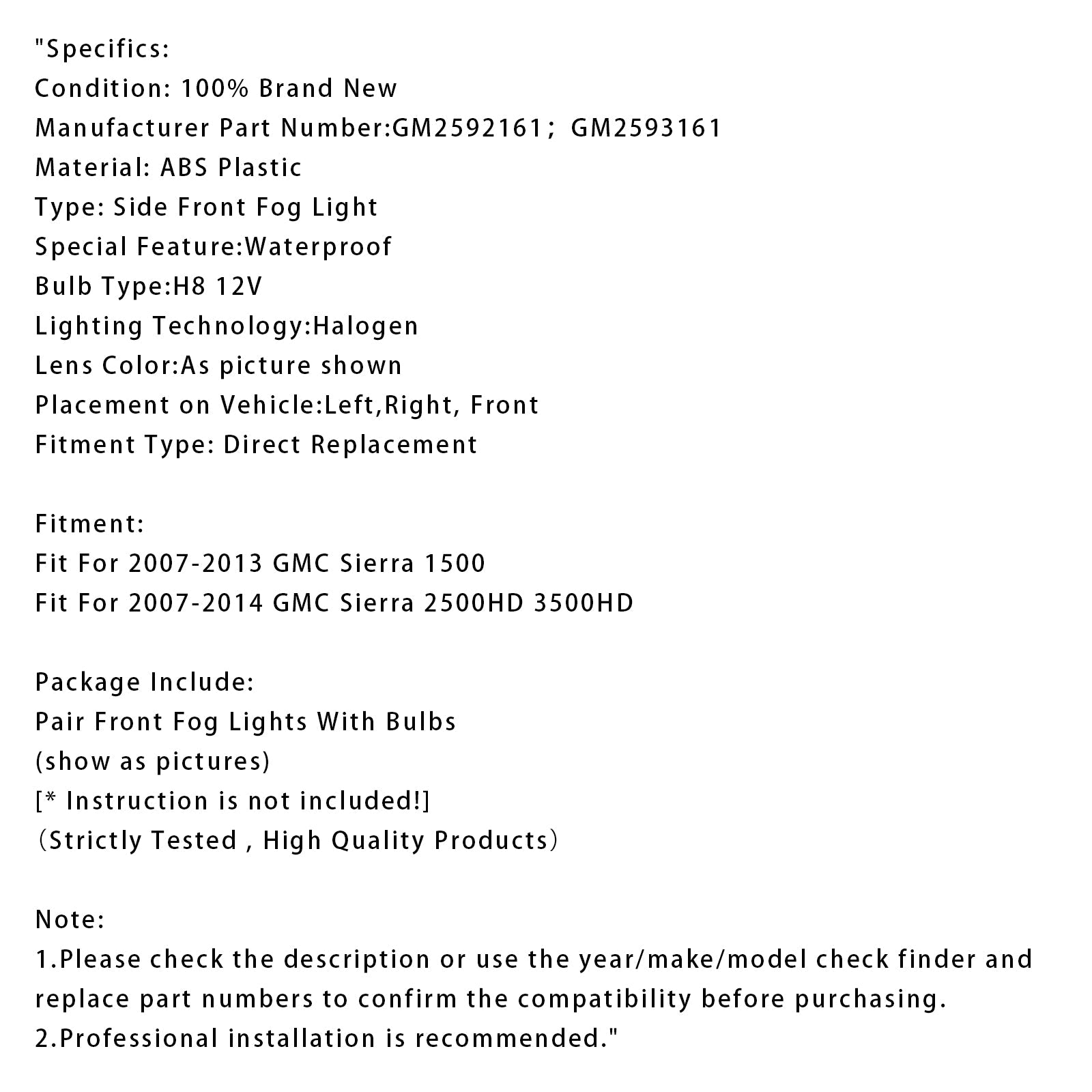 2007-2013 GMC Sierra 1500 Pair Front Fog Lights Lamps With Bulbs