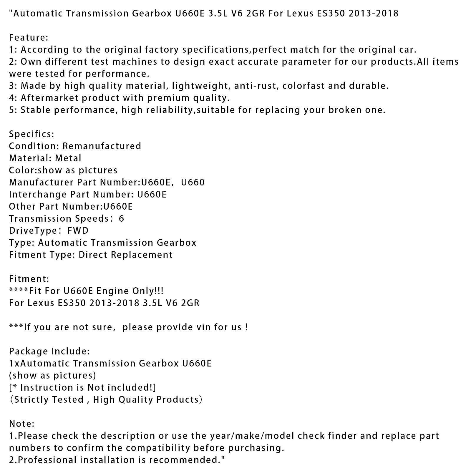 2013-2018 Lexus ES350 Automatic Transmission Gearbox U660E 3.5L V6 2GR