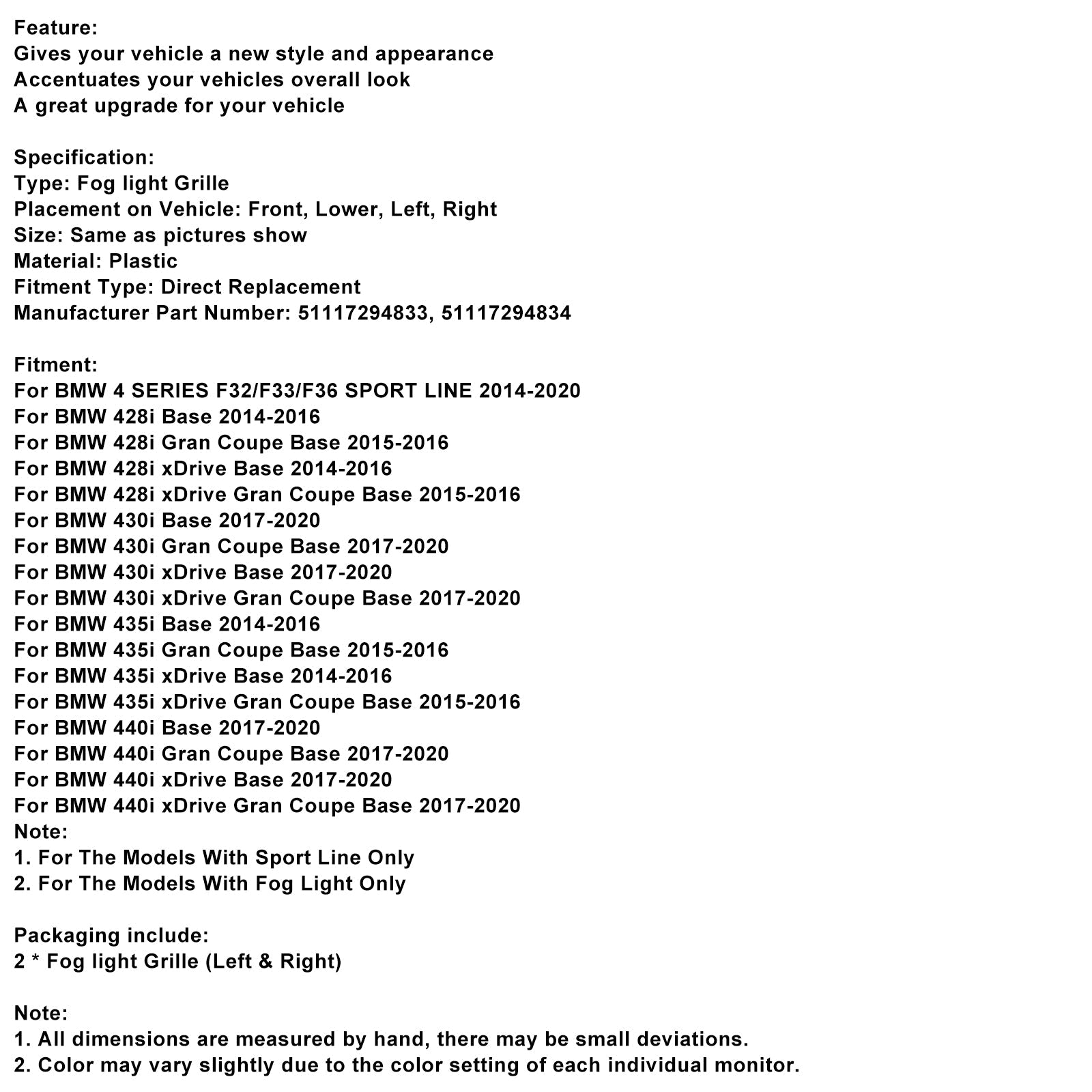 Partially Open Grid Front Fog Light Grille 51117294831 Fit BMW F32 F33 F36 418D