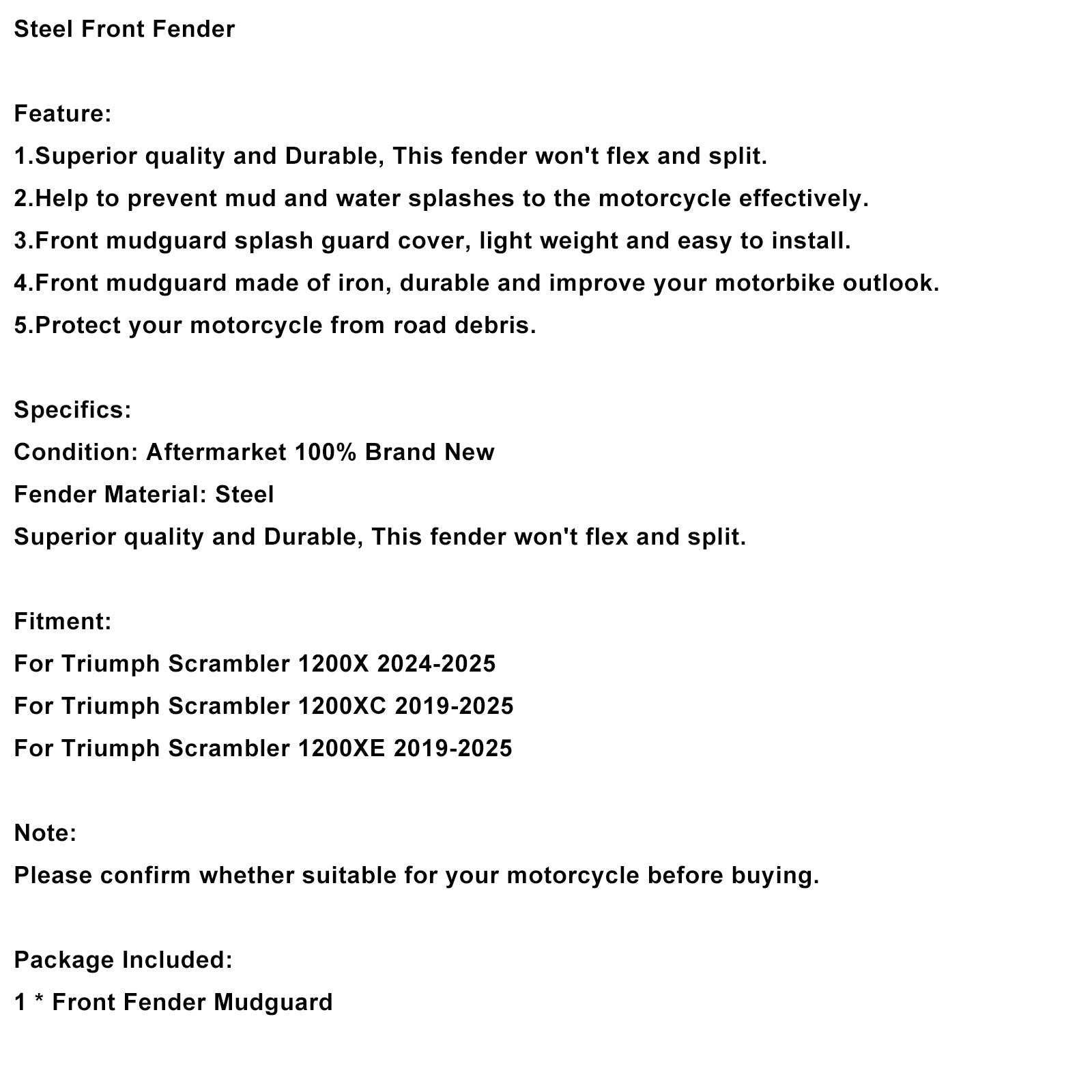 Steel Front Fender Mudguard For Scrambler 1200X 1200XC 1200XE 2019-2025