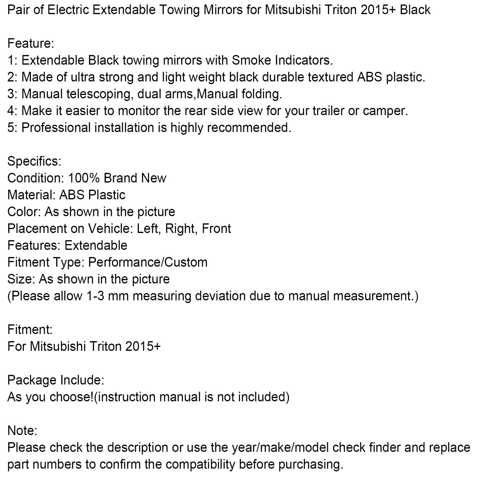 Pair of Electric Extendable Towing Mirrors for Mitsubishi Triton 2015+ Black