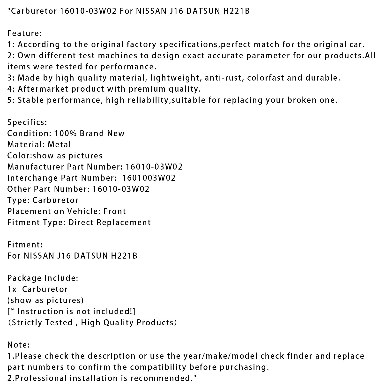 Carburetor 16010-03W02 For NISSAN J16 DATSUN H221B