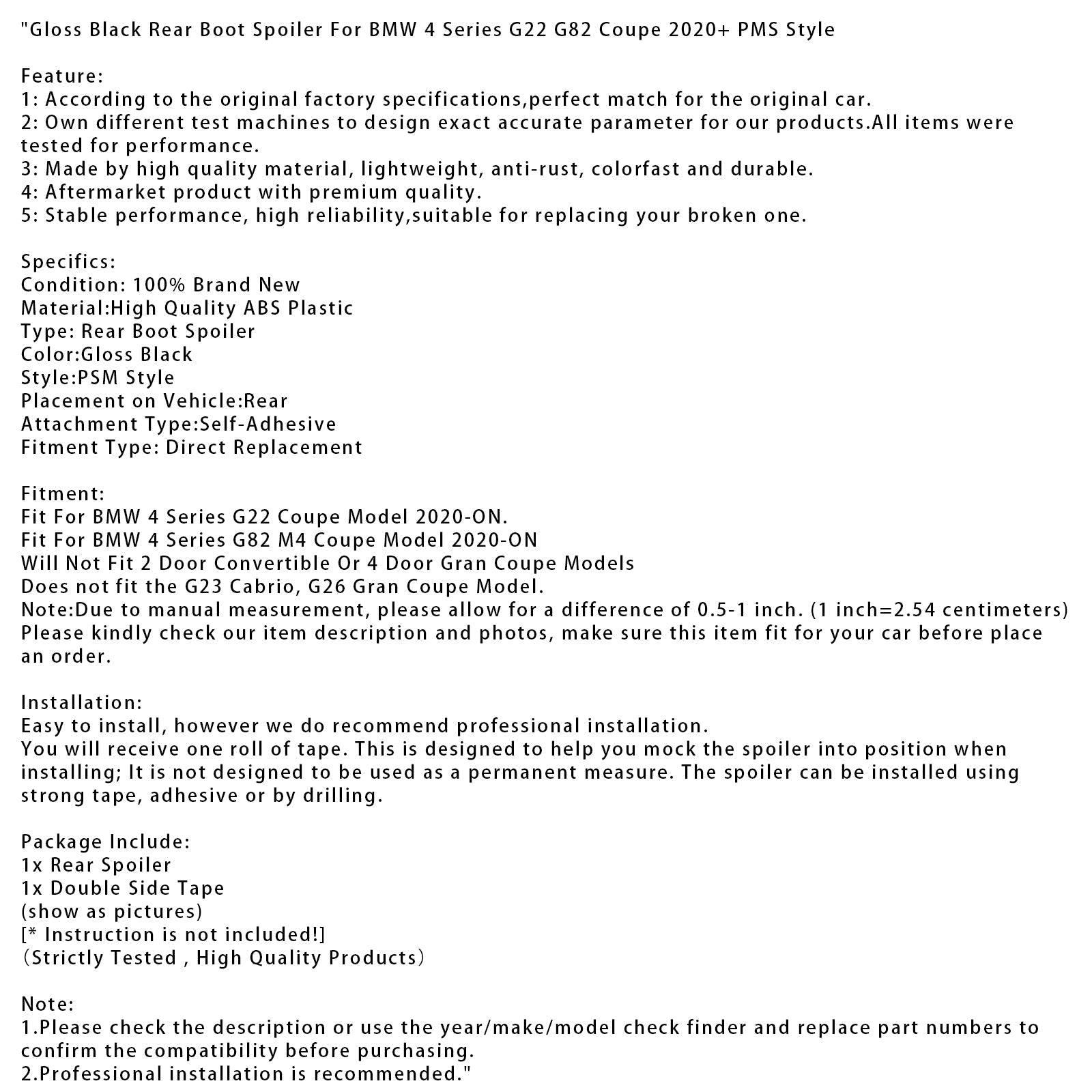 2020+ BMW 4 Series G22 G82 Coupe PMS Style Gloss Black Rear Boot Spoiler