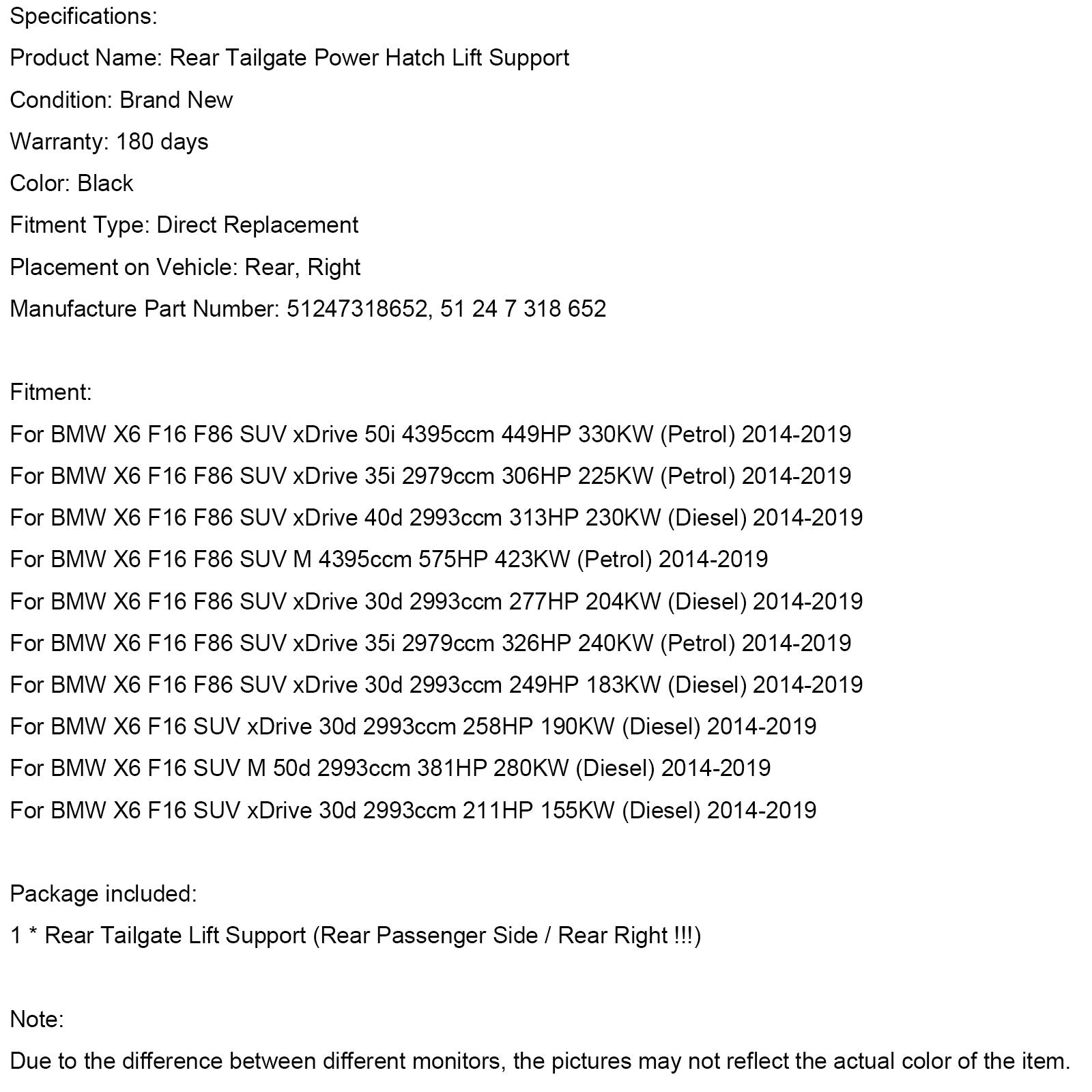 2014-2019 BMW X6 F16 F86 SUV xDrive 50i 4395ccm 449HP 330KW (Petrol) Rear Right Tailgate Power Lift Support 51247318652