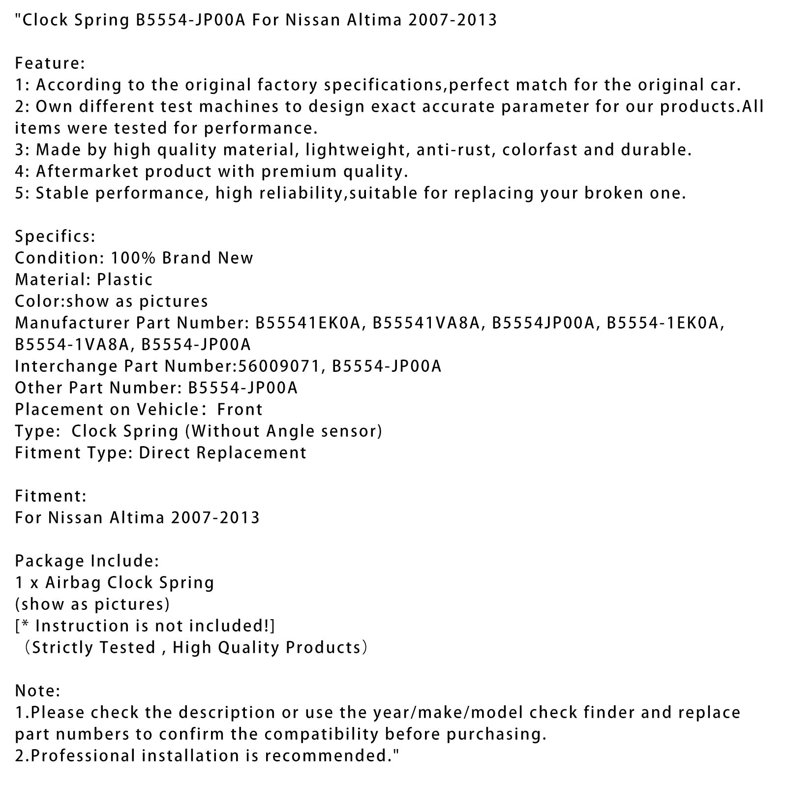 2007-2013 Nissan Altima Clock Spring B5554-JP00A