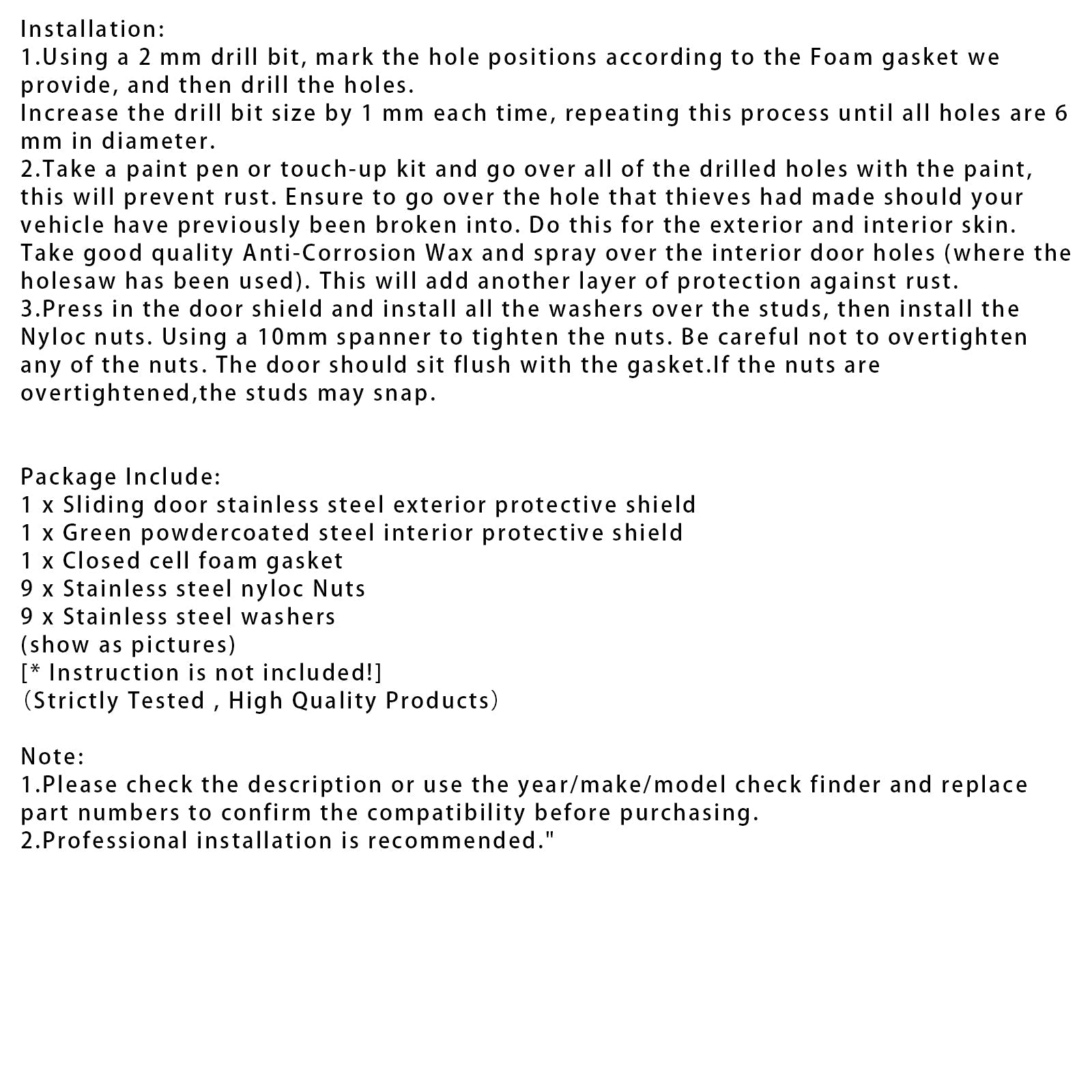 2012+ Ford Transit Custom Sliding Door Theft Shield Security Guard Plate Kit For