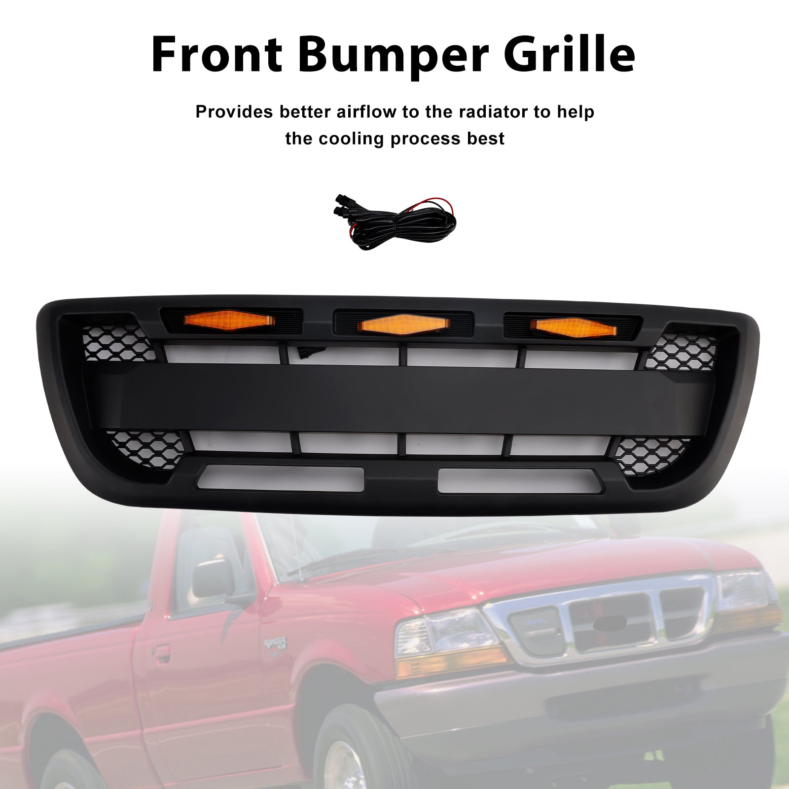 Matt Black Front Bumper Grille Grill Fit 1998-2000 Ford Ranger With LED Light