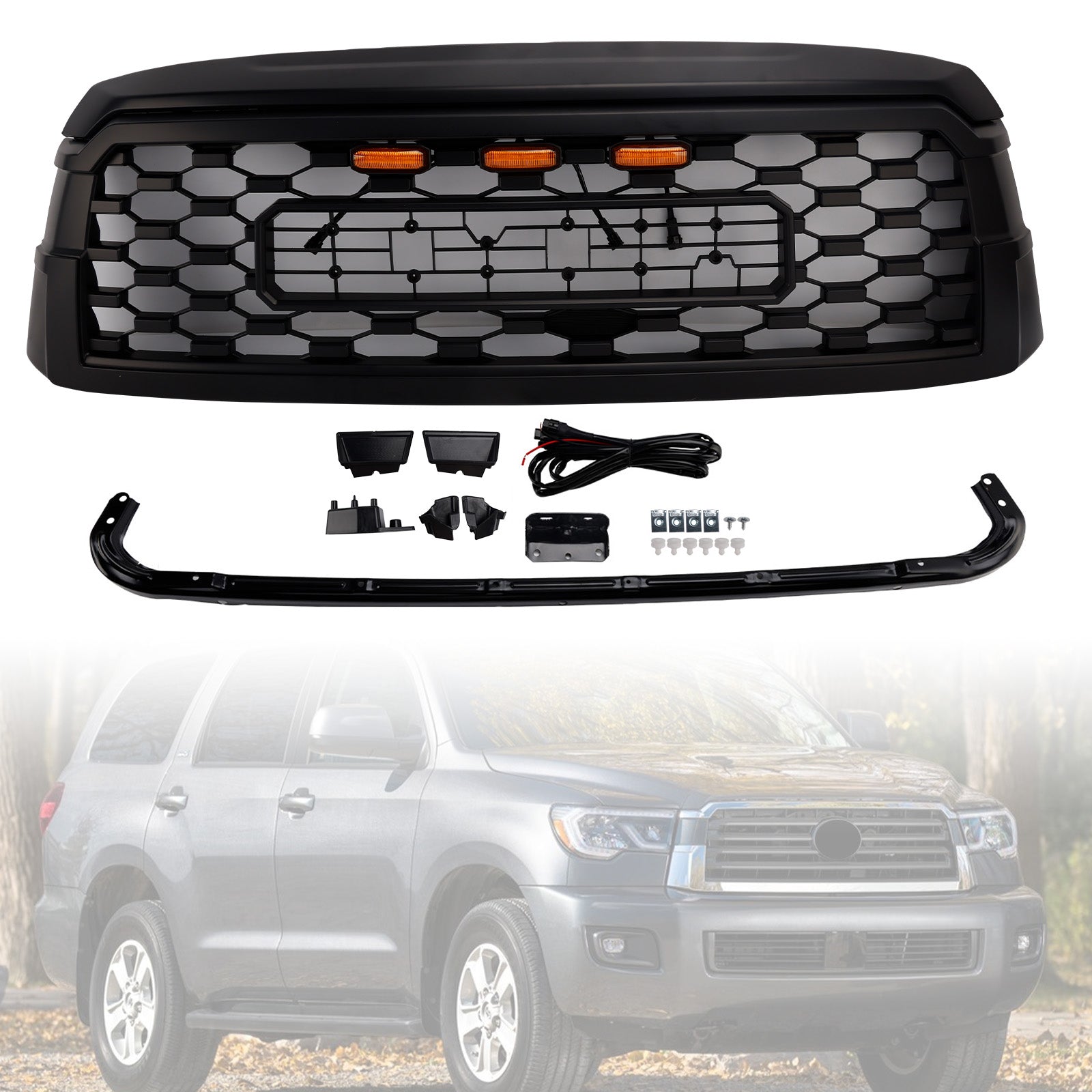 2019-2021 Toyota Sequoia W/ Led Light Black Front Bumper Grille Grill