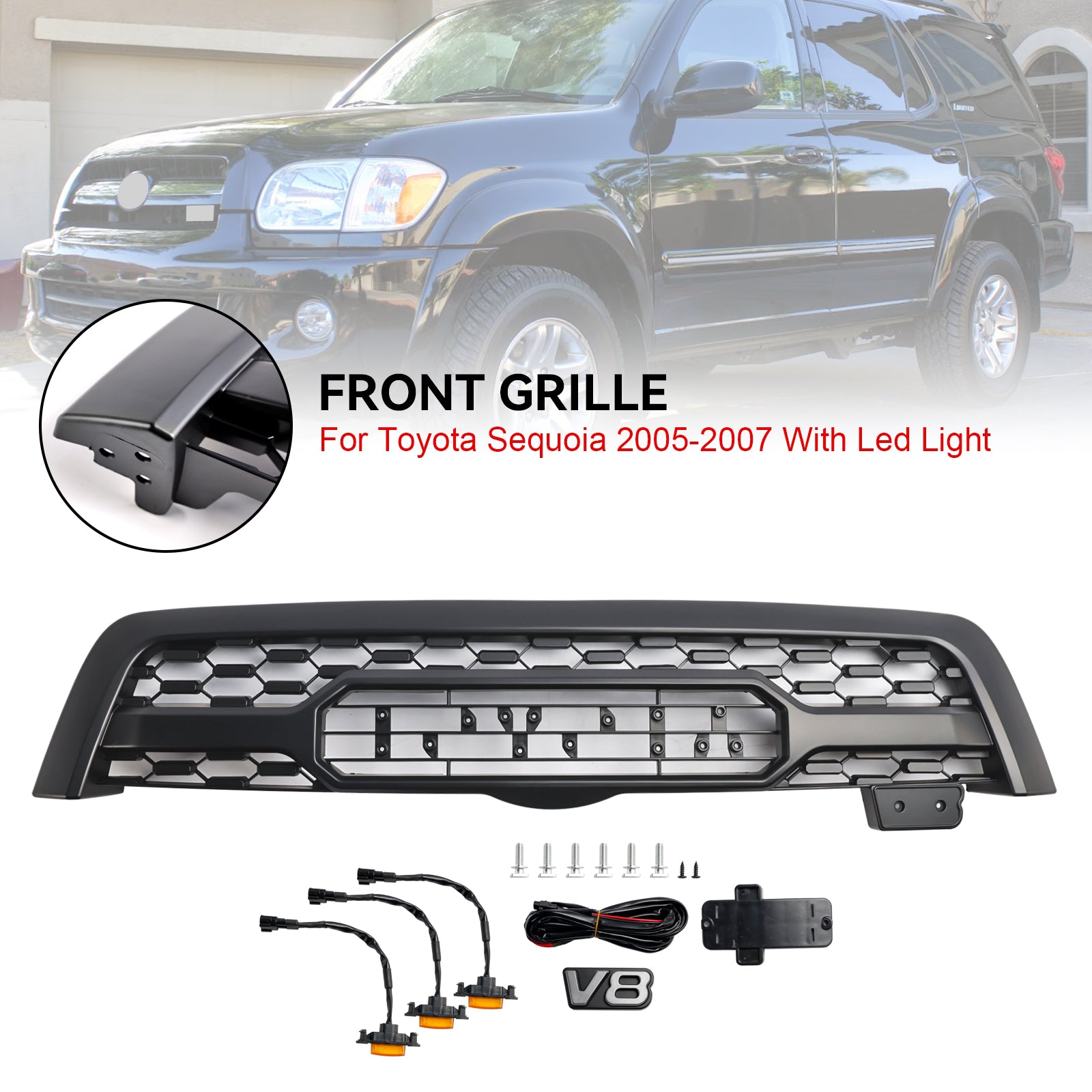 Matte Black Front Bumper Grill Grille Fit Toyota Sequoia 2005-2007 W/ Led Light