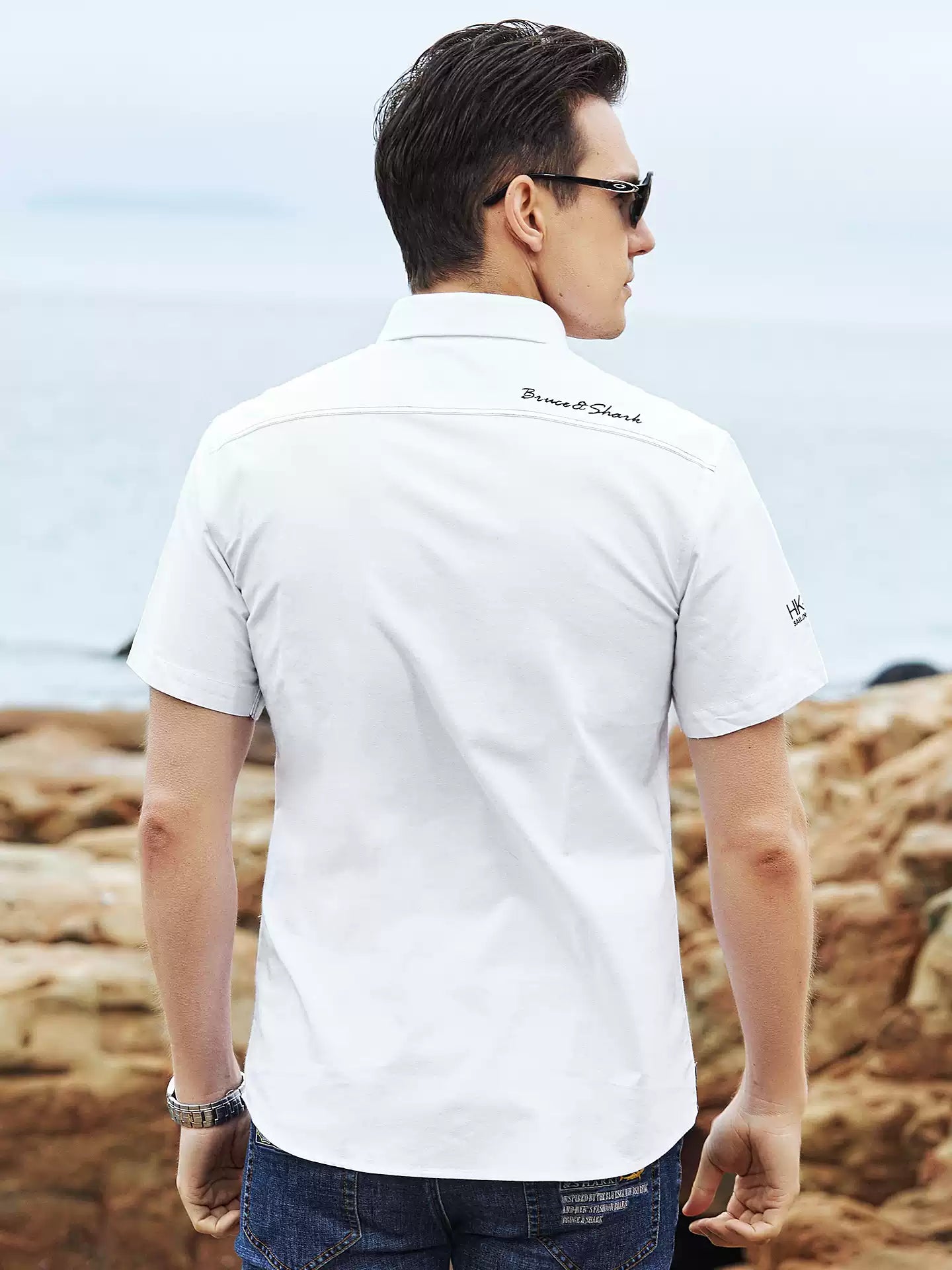 Bruce & Shark Men's Plus Size Short Sleeve Cotton Shirt Summer New Trendy Oxford Shirt