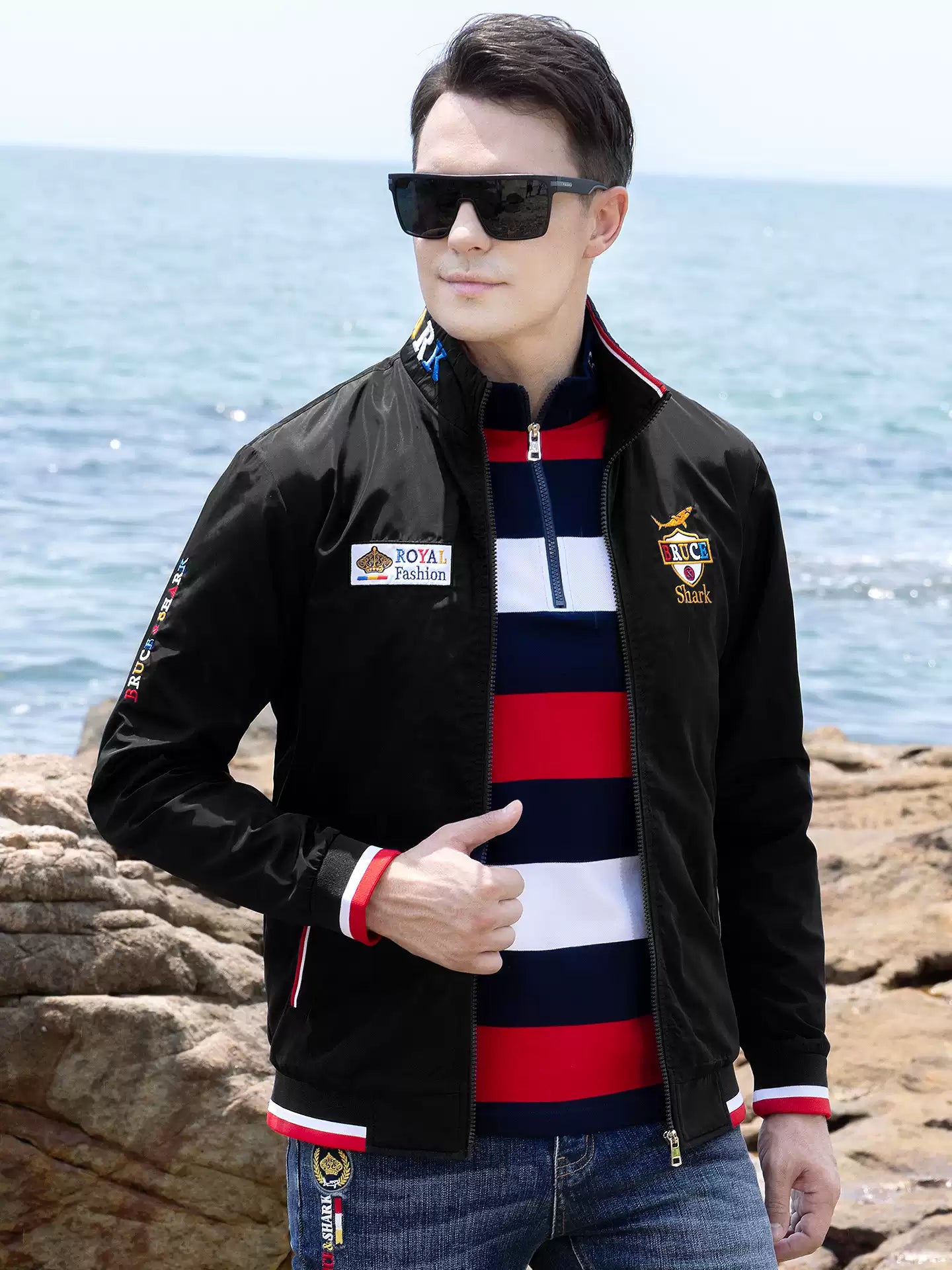 Bruce & Shark Men's Jacket Autumn New Thin Sports Coat Oversized Trendy Loose Men's Cardigan