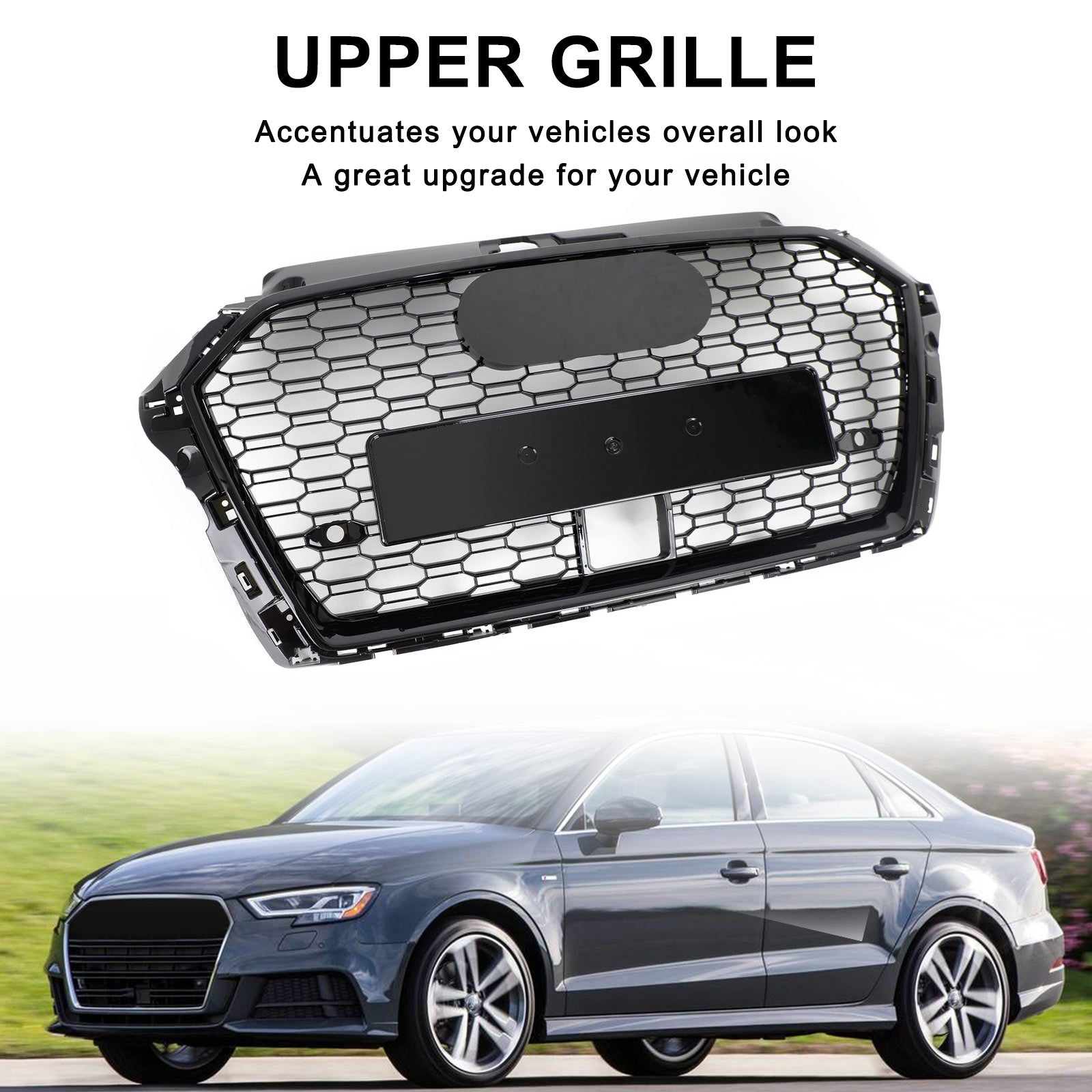 17-19 Audi A3 S3 Honeycomb Front Grille RS3 Style With ACC Gloss Black Generic