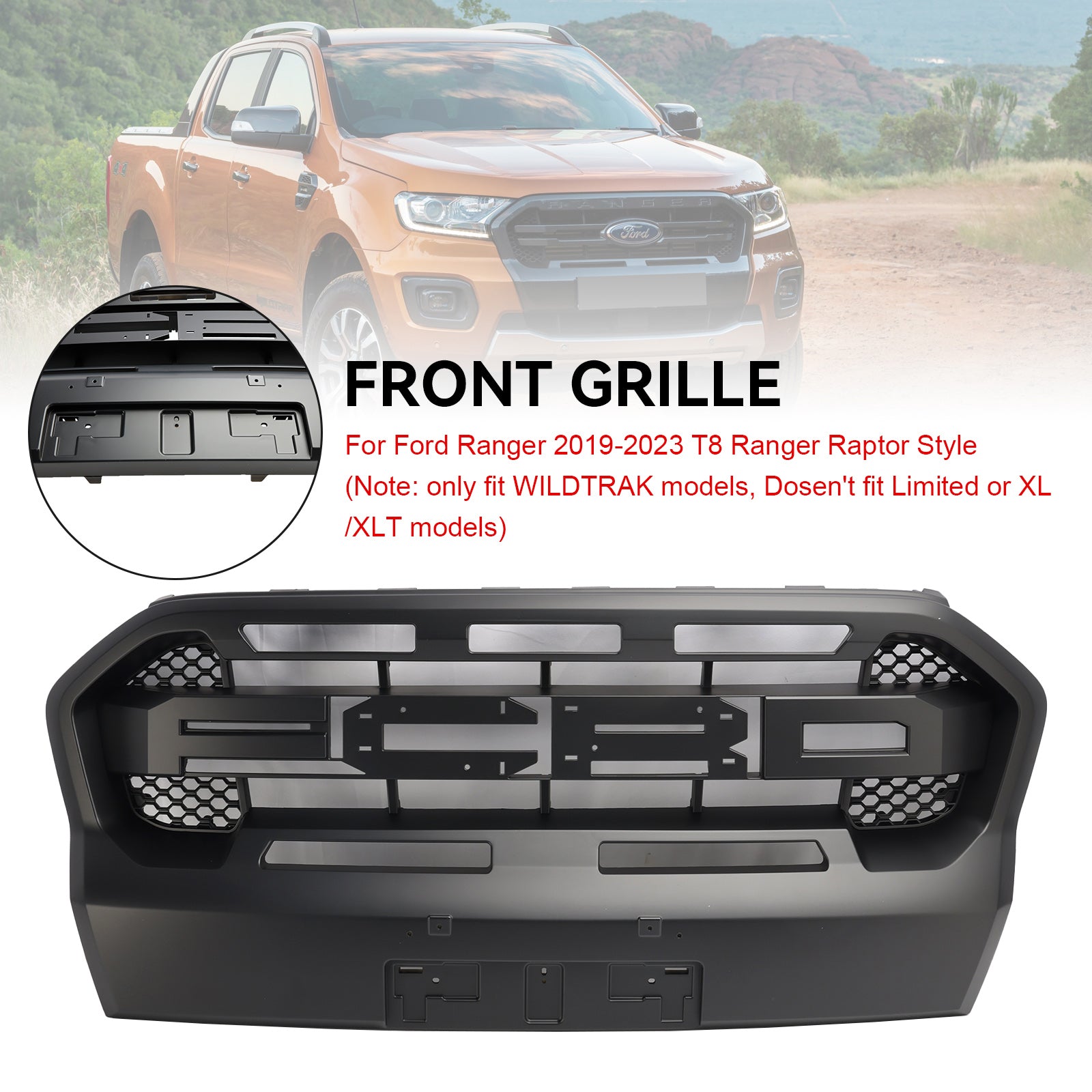 Ford Ranger 2019-2023 T8 Matt Black Ranger Raptor Style Front Bumper Grille