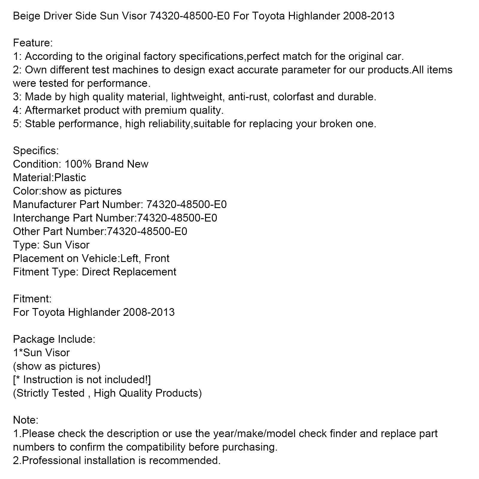 2008-2013 Toyota Highlander Beige Left Side Sun Visor 74320-48500-E0