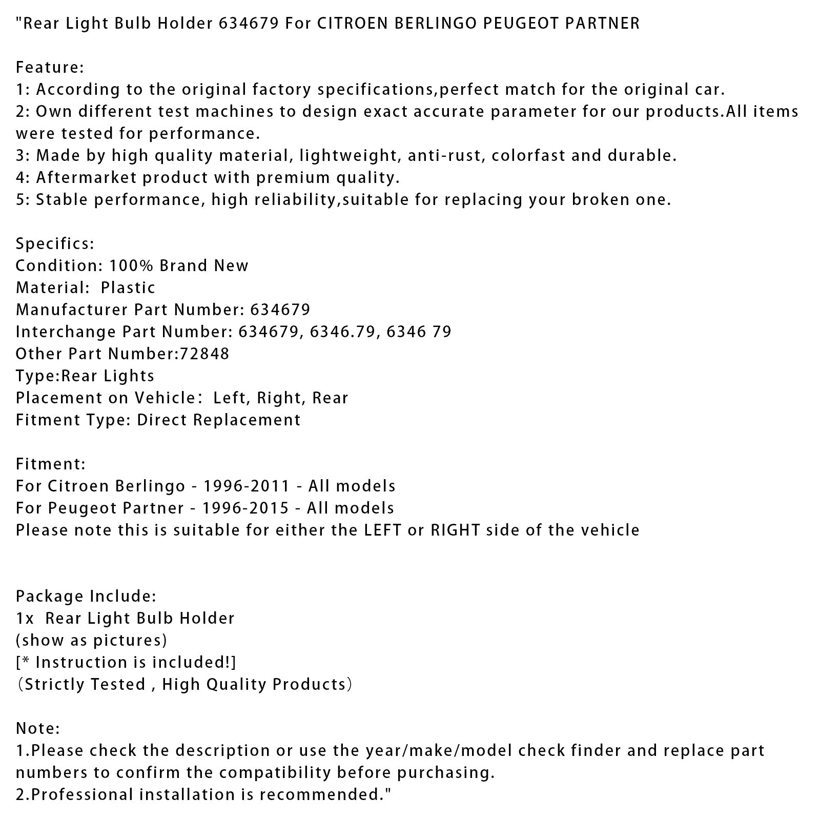 Rear Light Bulb Holder 634679 For CITROEN BERLINGO PEUGEOT PARTNER