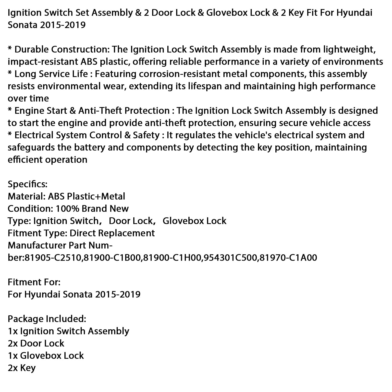 2015-2019 Hyundai Sonata Ignition Lock Start Barrel Set Assembly 81905C2510
