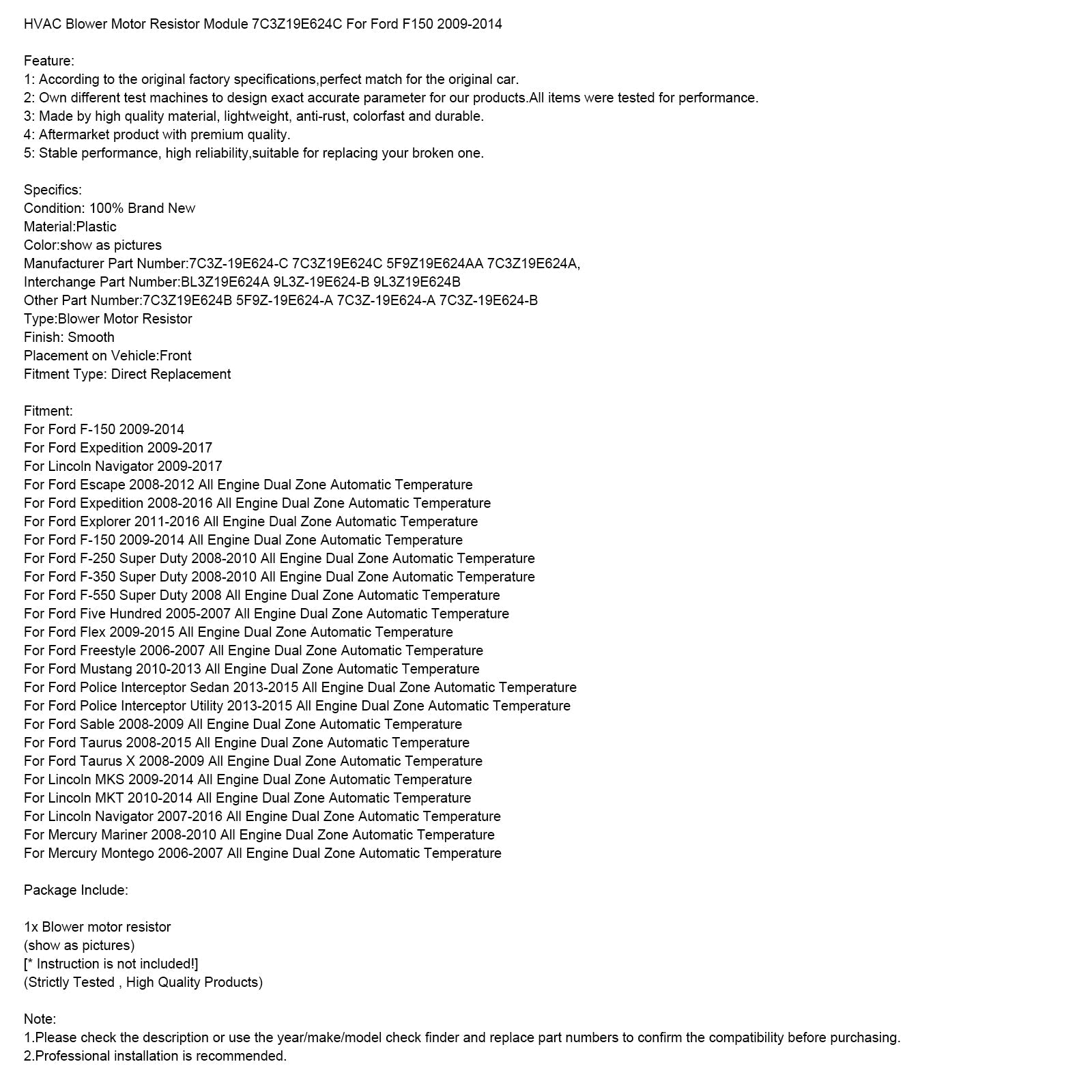 HVAC Blower Motor Resistor Module 7C3Z19E624C For Ford F150 2009-2014