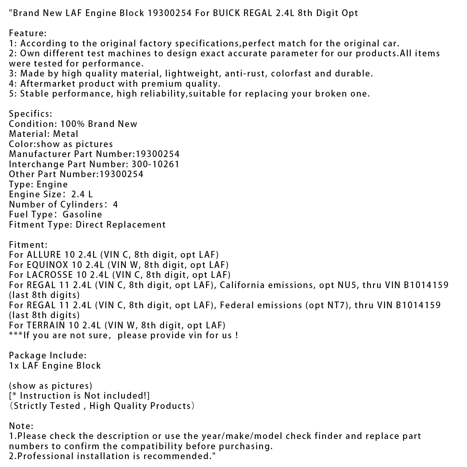 Brand New LAF Engine Block 19300254 For BUICK REGAL 2.4L 8th Digit Opt