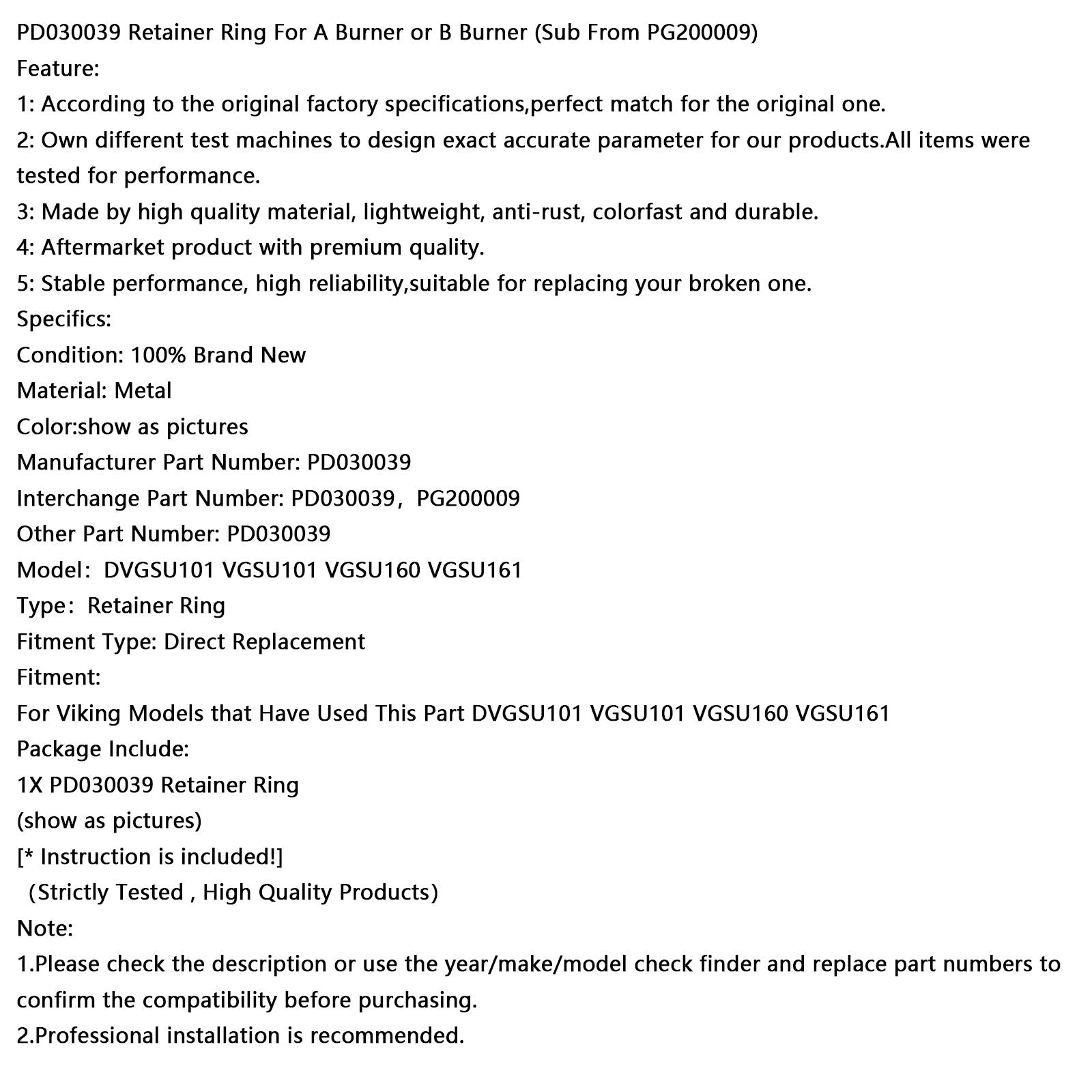 PD030039 Retainer Ring F邦r A Burner or B Burner (Sub From PG200009)
