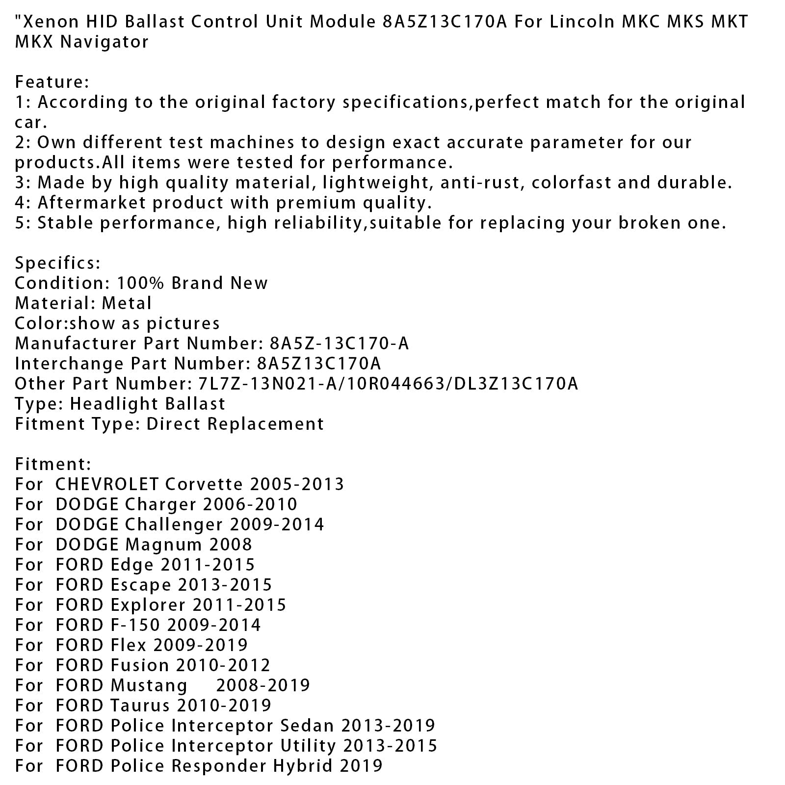 Xenon HID Ballast Control Unit Module 8A5Z13C170A For Lincoln MKC MKS Navigator