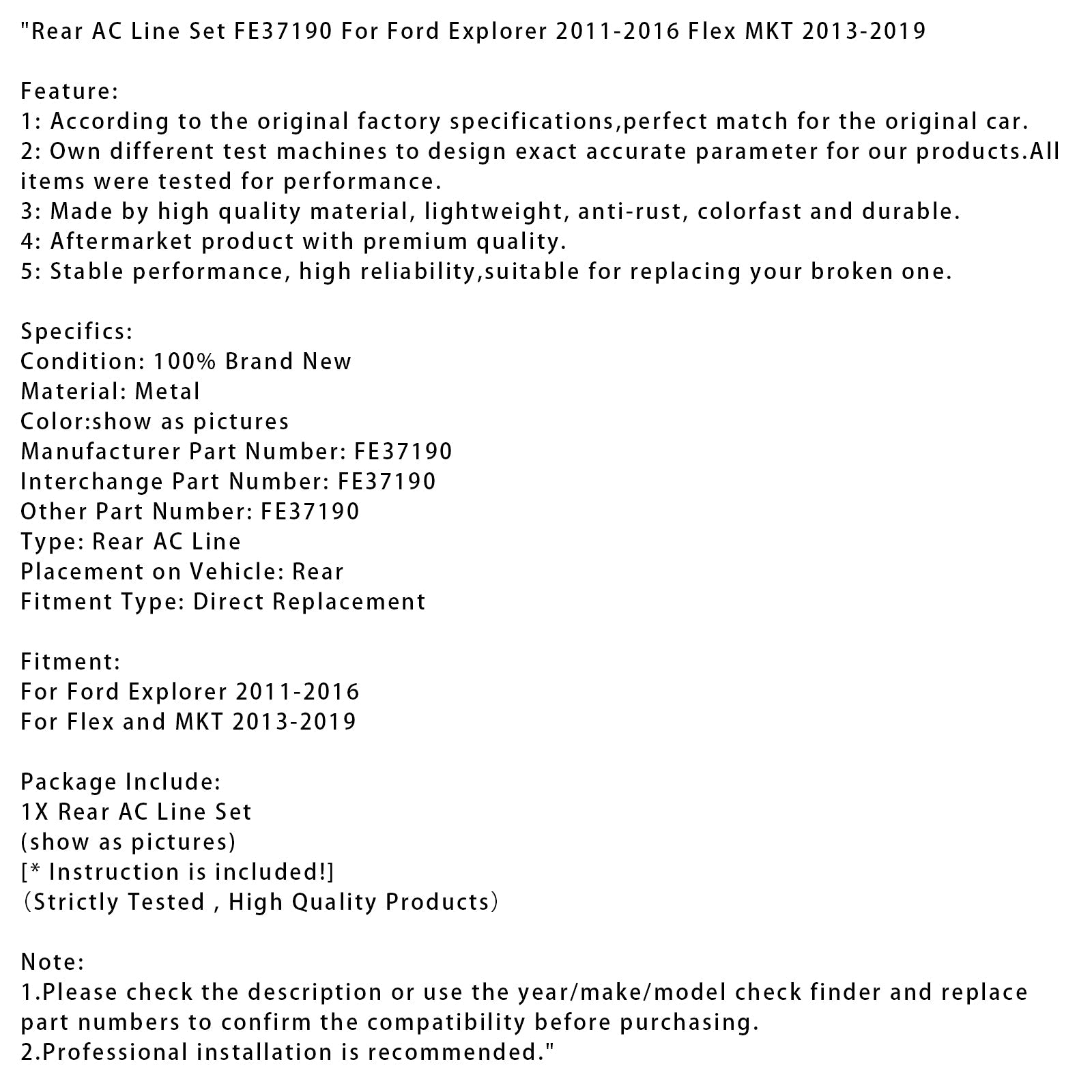 2011-2016 Ford Explorer Rear AC Line Set FE37190