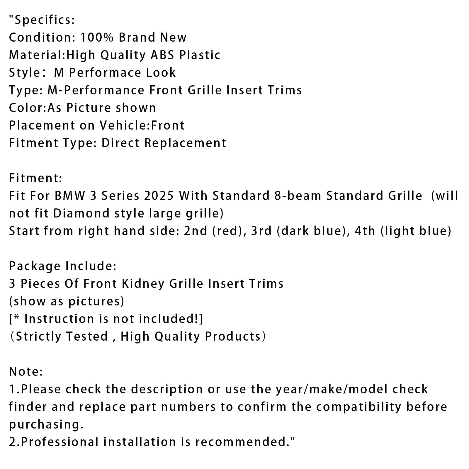 2025 BMW G20 3 Series Tri-Color ABS Front Kidney Grille Insert Trims Clip