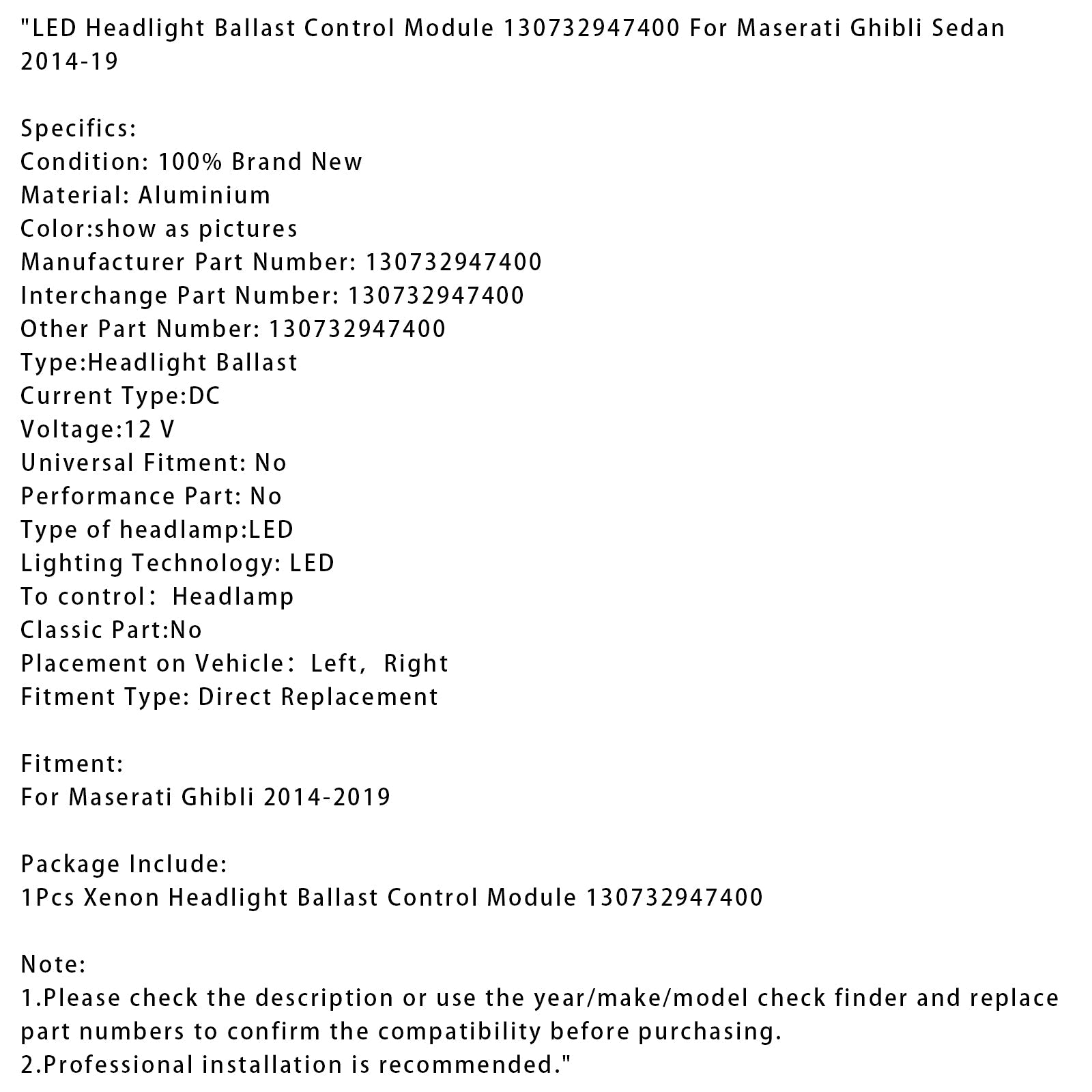 2014-2019 Maserati Ghibli Sedan LED Headlight Ballast Control Module 130732947400