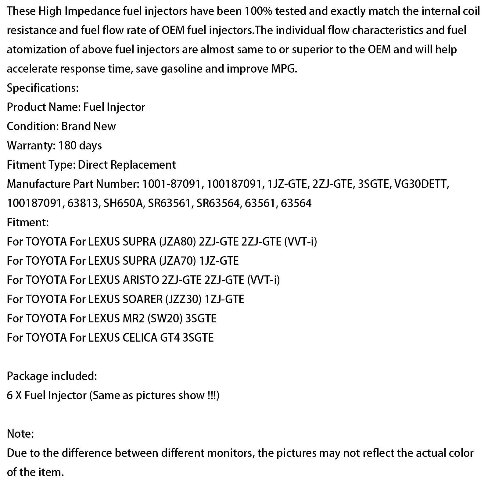 6PCS Fuel Injector 1001-87091 Fit Denso 650CC Fit Toyota Supra JZA80 2JZGTE 2JZ