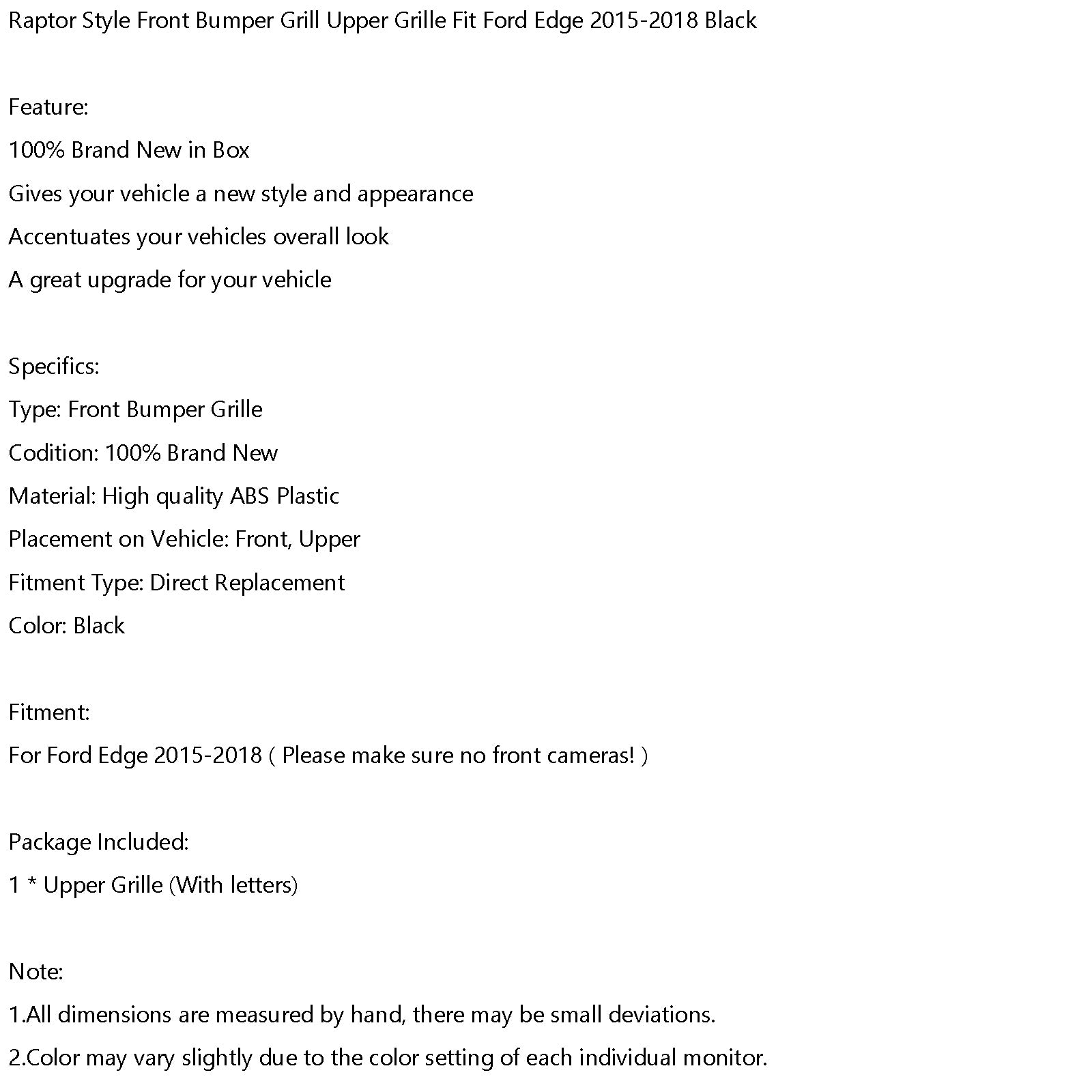 Raptor Style Front Bumper Grill Upper Grille Fit Ford Edge 2015-2018 Black