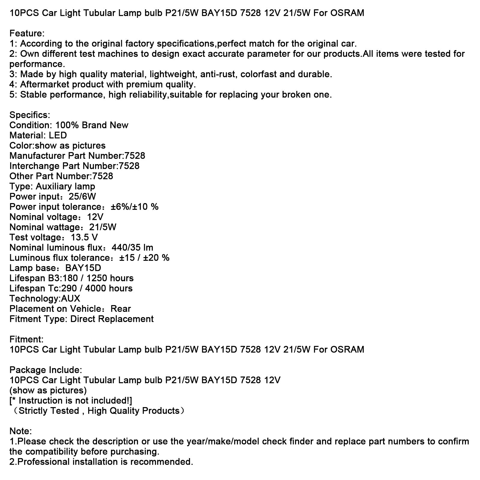 10PCS Car Light Tubular Lamp bulb P21/5W BAY15D 7528 12V 21/5W For OSRAM