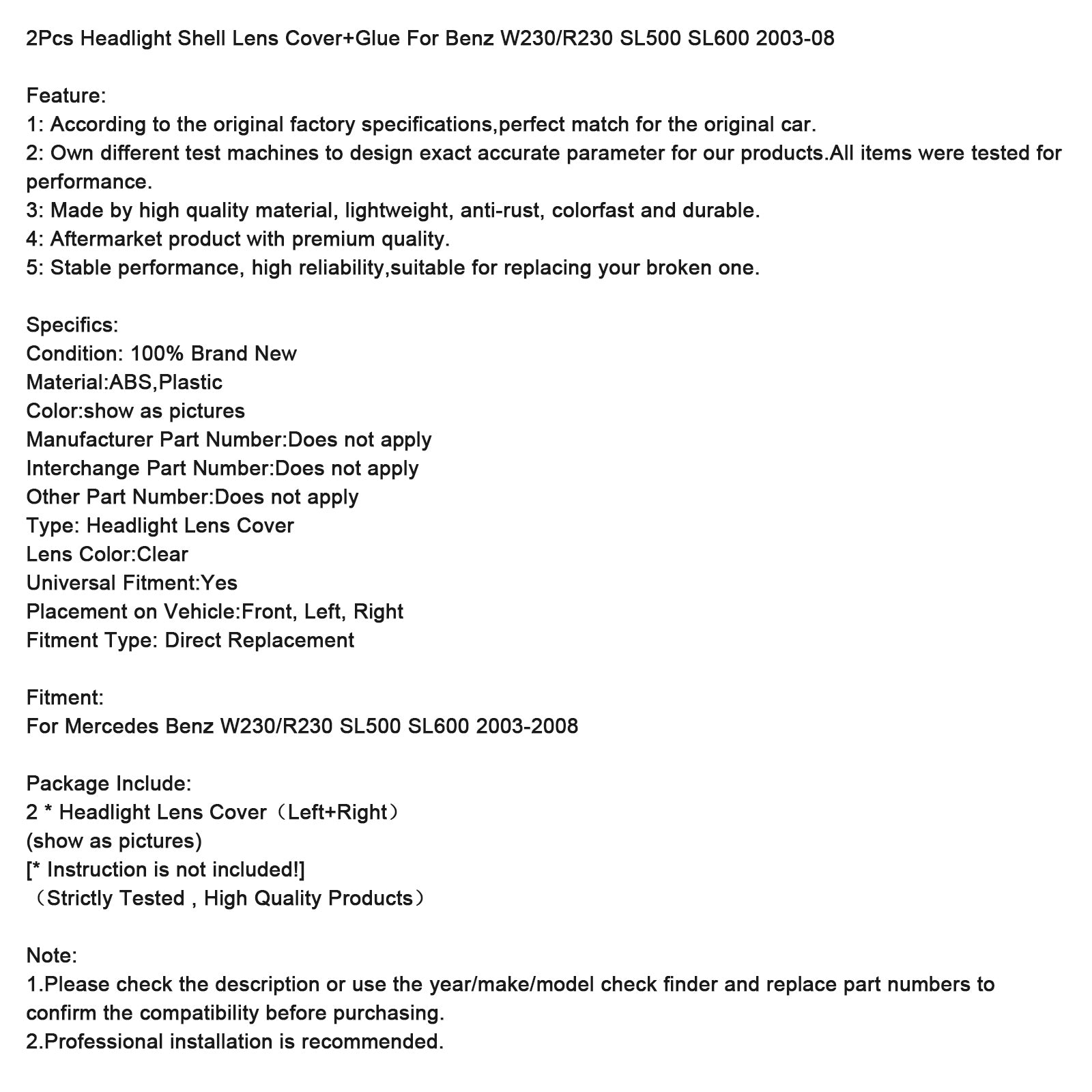2003-2008 Benz W230/R230 SL500 SL600 2Pcs Headlight Shell Lens Cover+Glue