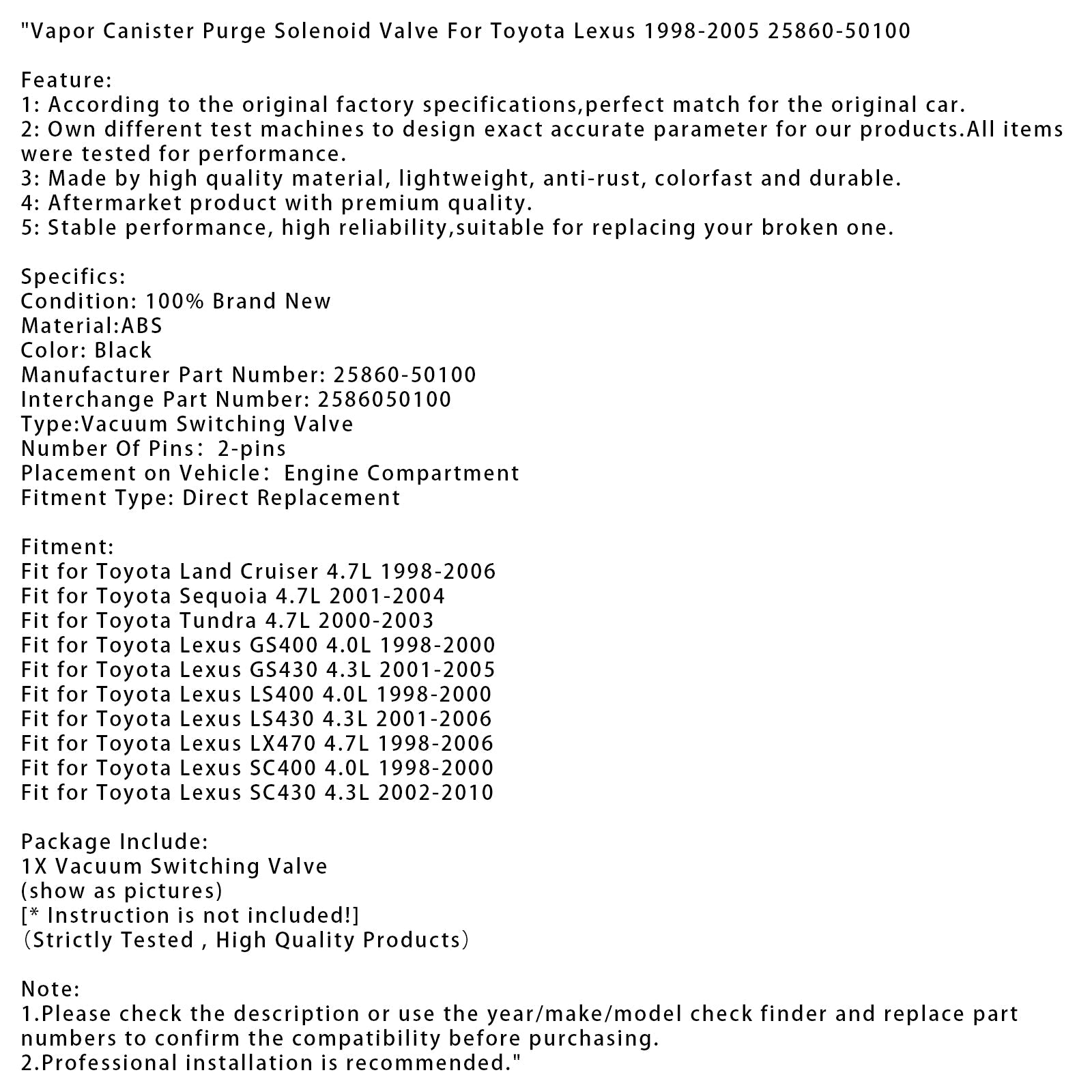 Vapor Canister Purge Solenoid Valve For Toyota Lexus 1998-2005 25860-50100