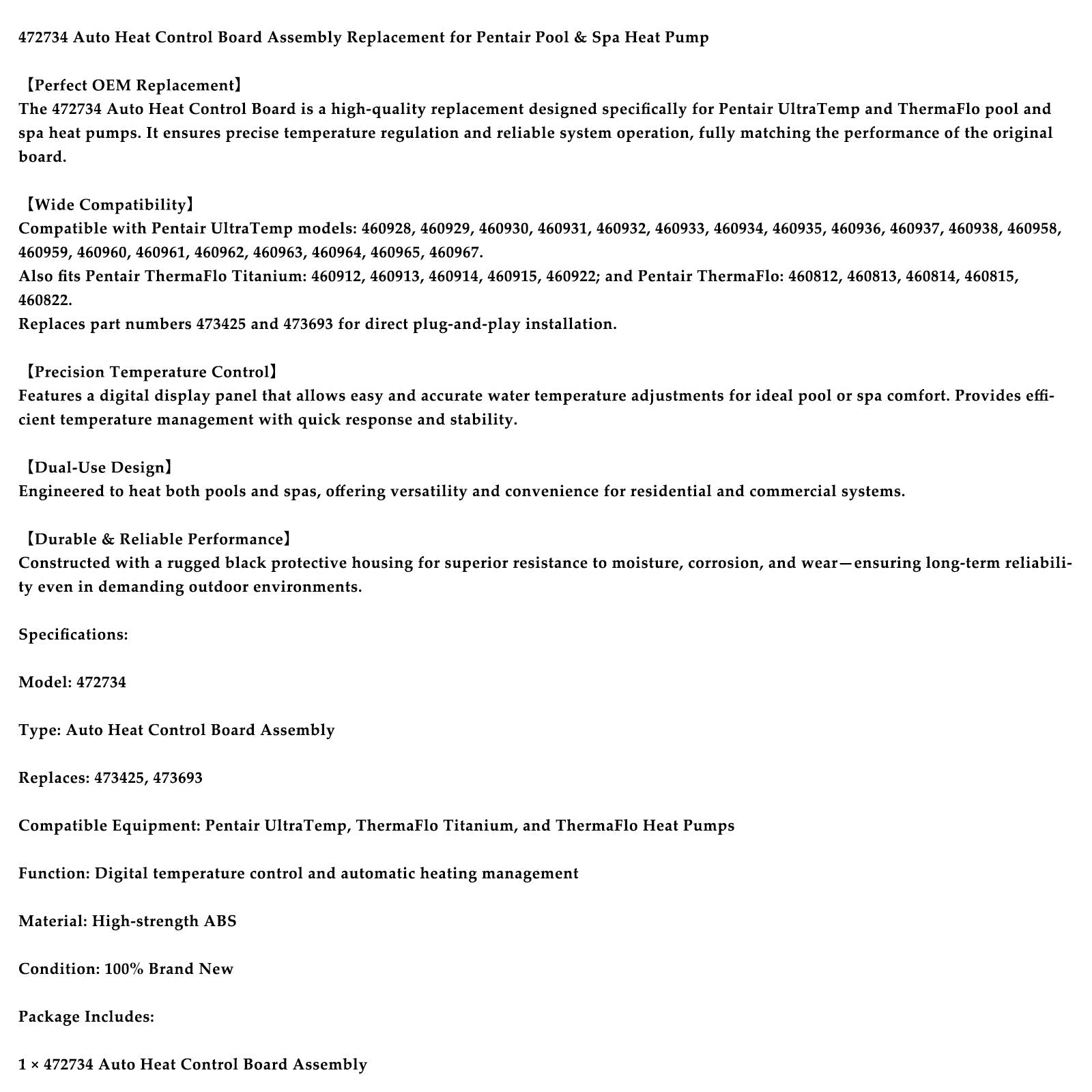 472734 Auto Heat Control Board Assembly Replacement for Pentair UltraTemp