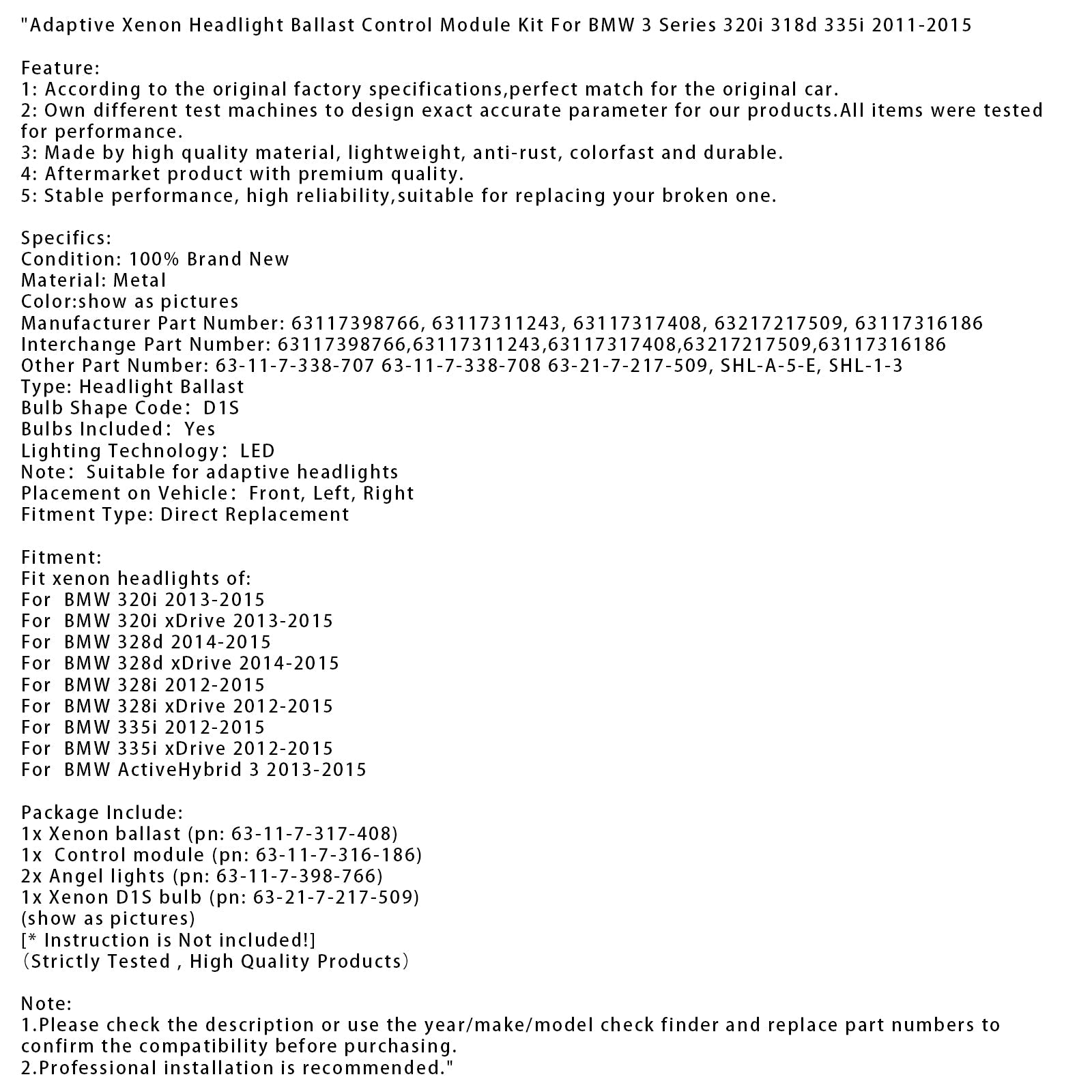 Adaptive Xenon Ballast Control Module Kit For BMW 3 Series 320i 318d 335i 2011-2015
