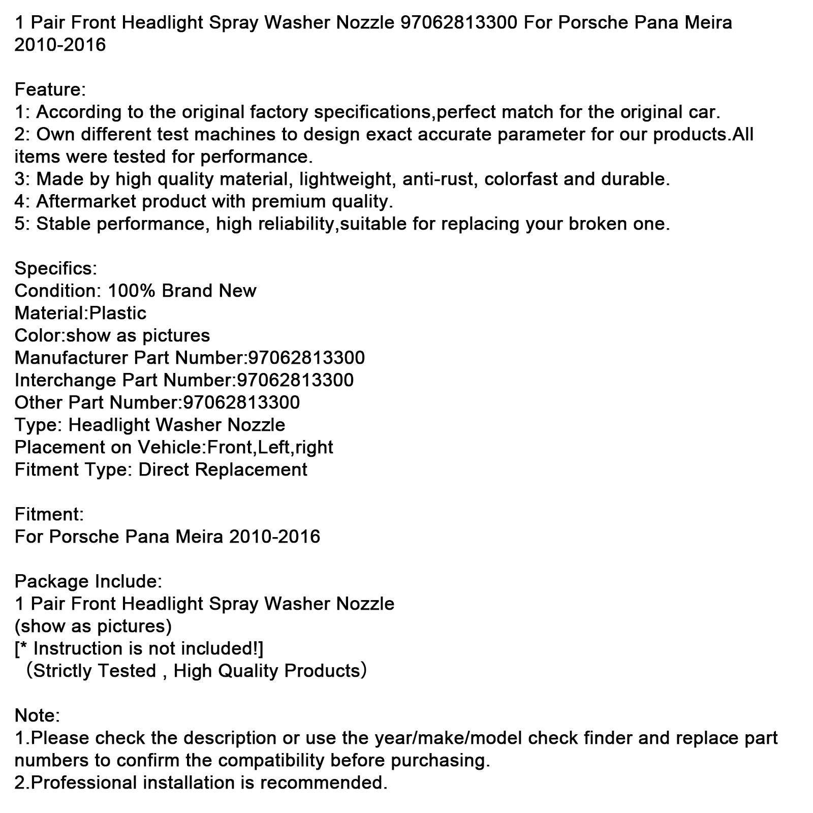 2010-2016 Porsche Pana Meira 1 Pair Front Headlight Spray Washer Nozzle 97062813300