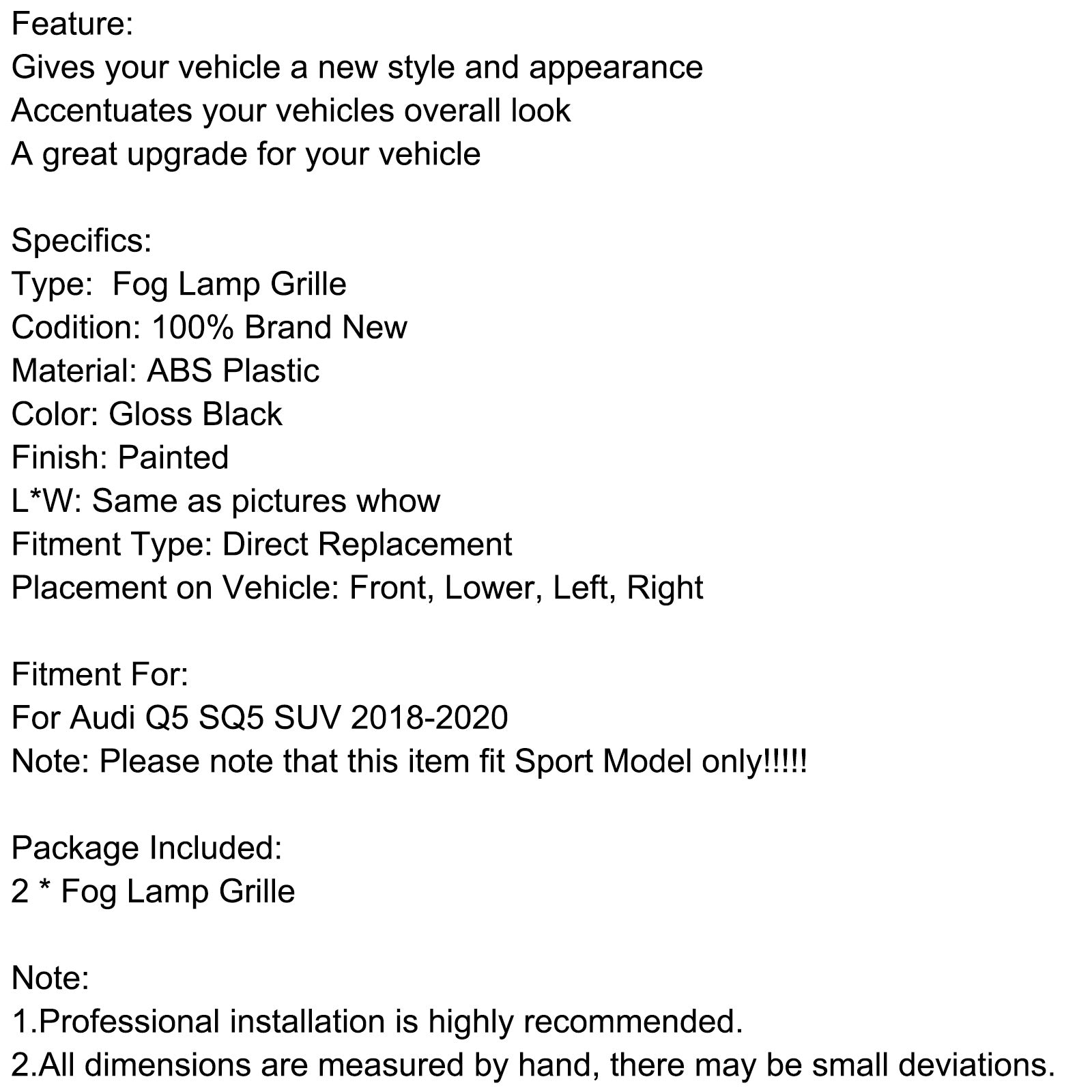 RSQ5 Black Front Honeycomb Fog Lamp Grilles Cover Fit Audi Q5 SQ5 2018-2020