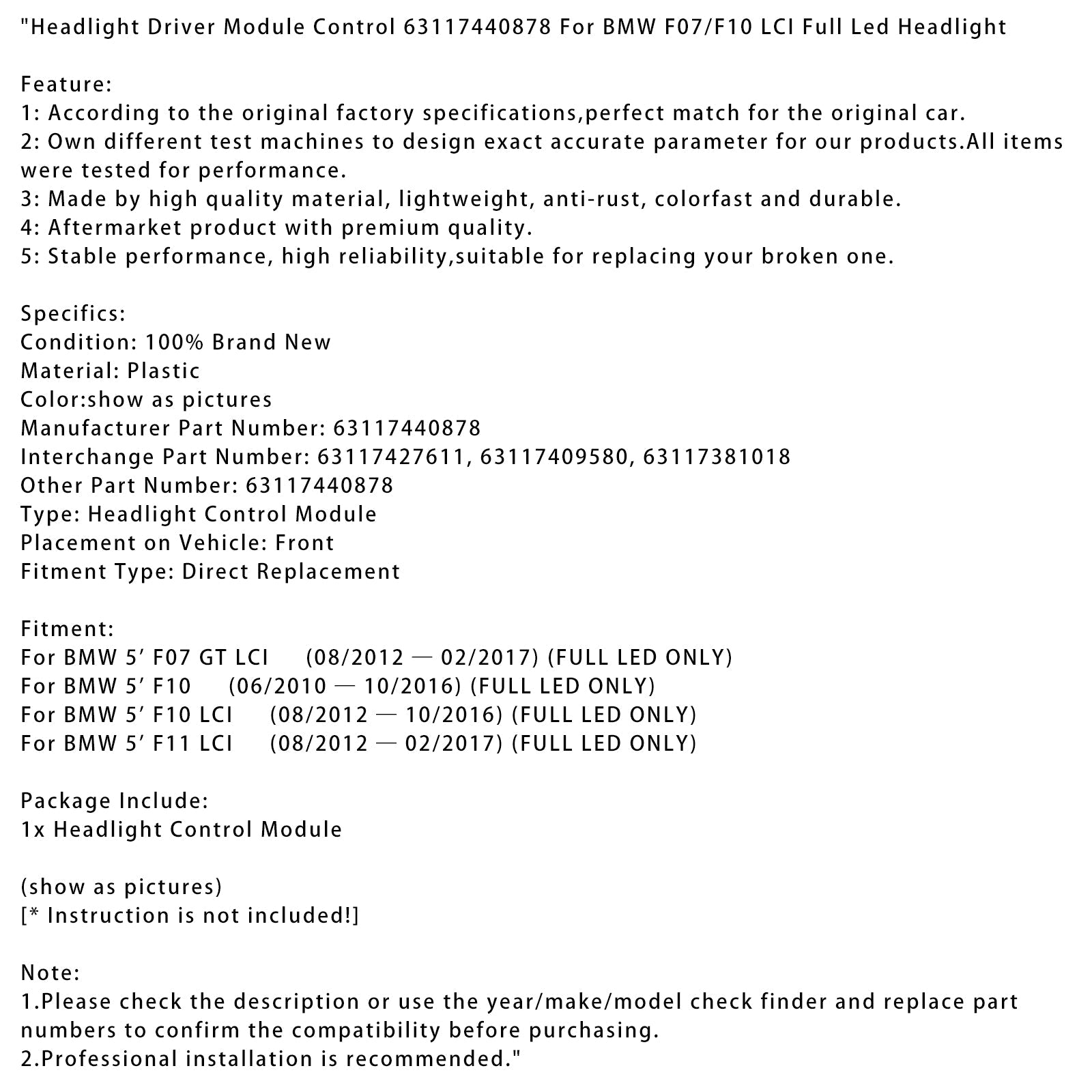 Headlight Driver Module Control 63117440878 For BMW F07/F10 LCI Full Led